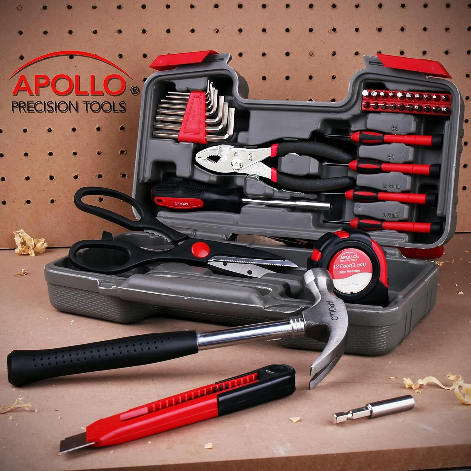 Apollo Tools Original 39 Piece General Household Tool Set in Toolbox Storage Case with Essential Hand Tools for Everyday Home Repairs, DIY and Crafts Red/Black - DT9706