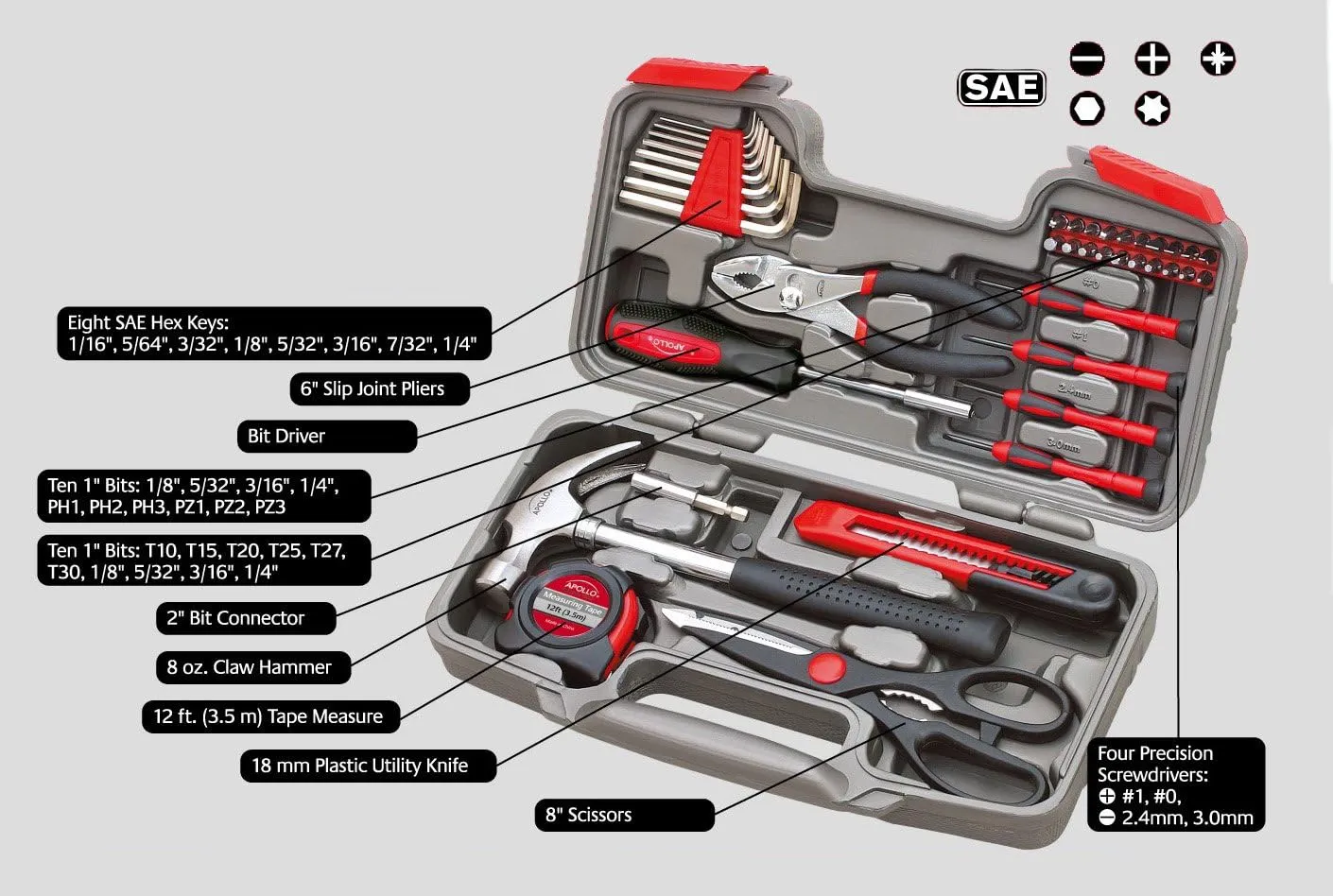 Apollo Tools Original 39 Piece General Household Tool Set in Toolbox Storage Case with Essential Hand Tools for Everyday Home Repairs, DIY and Crafts Red/Black - DT9706