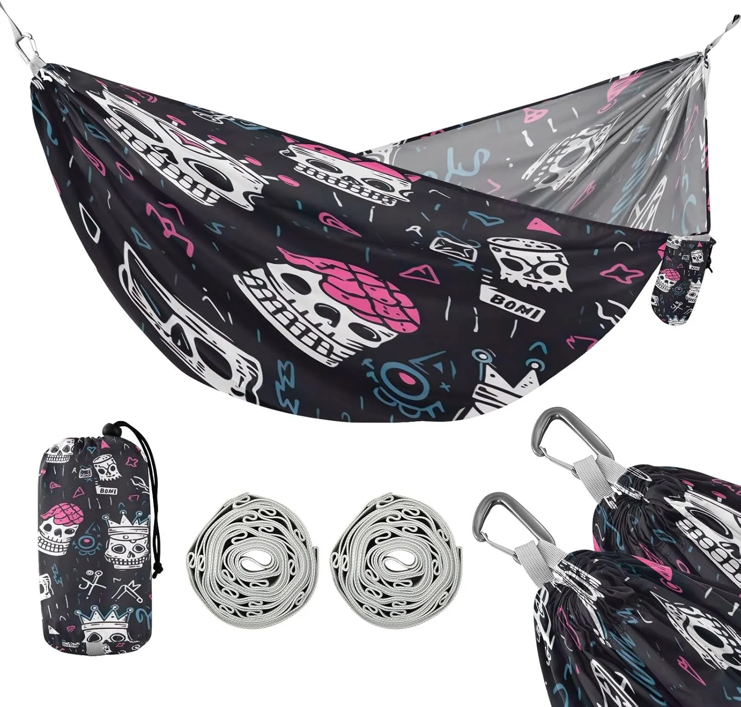 ATTX Colorful Skull Pattern Camping Hammock - Lightweight & Portable Hammocks, Heavy Duty 330lbs Capacity for Indoor, Hiking, Backpacking, Travel, Backyard, Beach#279
