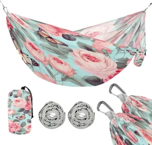 ATTX Pink Flowers Camping Hammock - Lightweight & Portable Hammocks, Heavy Duty 330lbs Capacity for Indoor, Hiking, Backpacking, Travel, Backyard, Beach#473