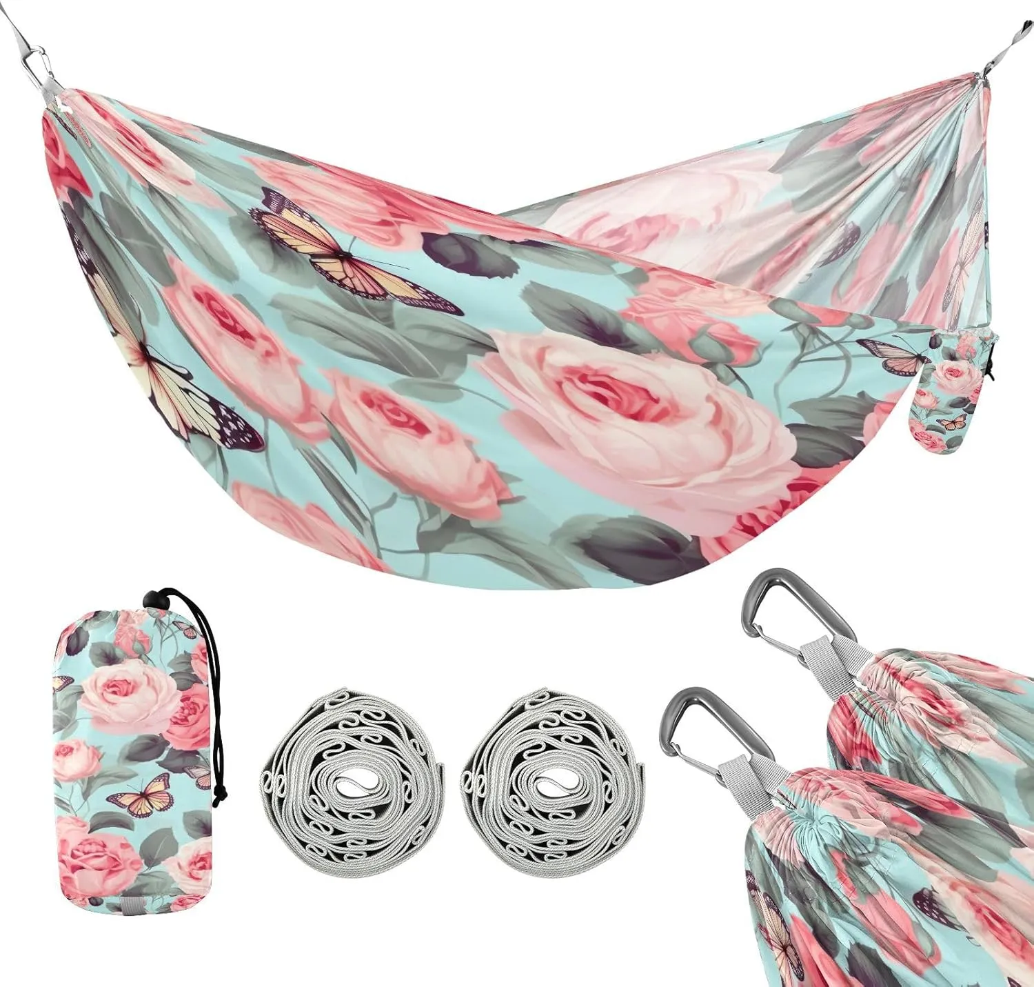 ATTX Pink Flowers Camping Hammock - Lightweight & Portable Hammocks, Heavy Duty 330lbs Capacity for Indoor, Hiking, Backpacking, Travel, Backyard, Beach#473