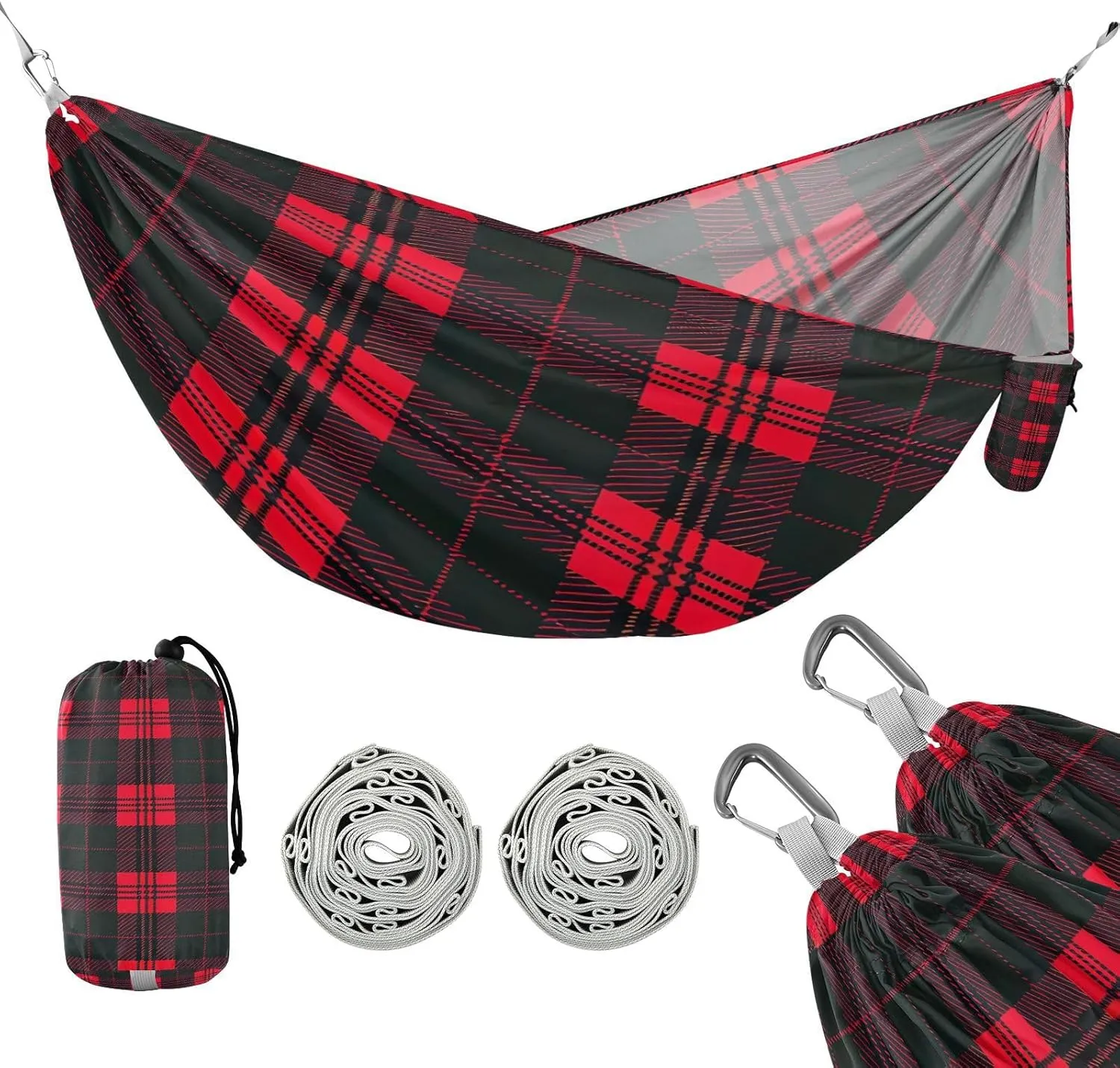 ATTX Red and Black Plaid Camping Hammock - Lightweight & Portable Hammocks, Heavy Duty 330lbs Capacity for Indoor, Hiking, Backpacking, Travel, Backyard, Beach#401