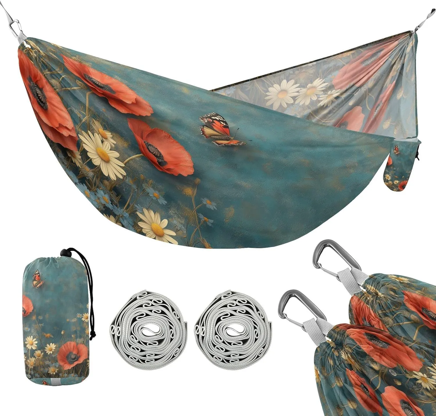 ATTX Red Floral Camping Hammock - Lightweight & Portable Hammocks, Heavy Duty 330lbs Capacity for Indoor, Hiking, Backpacking, Travel, Backyard, Beach#407