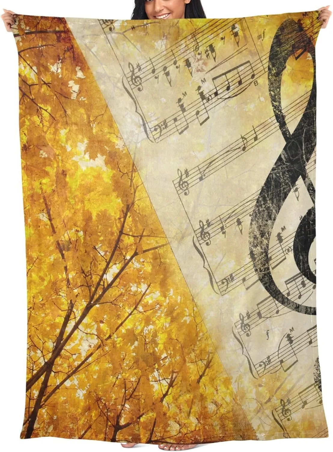 Autumn Melody Throw Blanket Travel Blankt Musical Notation Airplane Blanket with Bag Flannel Pillow Blankets Portable Compact Blanket for Traveling Office Home 65x55inch