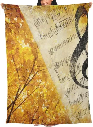 Autumn Melody Throw Blanket Travel Blankt Musical Notation Airplane Blanket with Bag Flannel Pillow Blankets Portable Compact Blanket for Traveling Office Home 65x55inch
