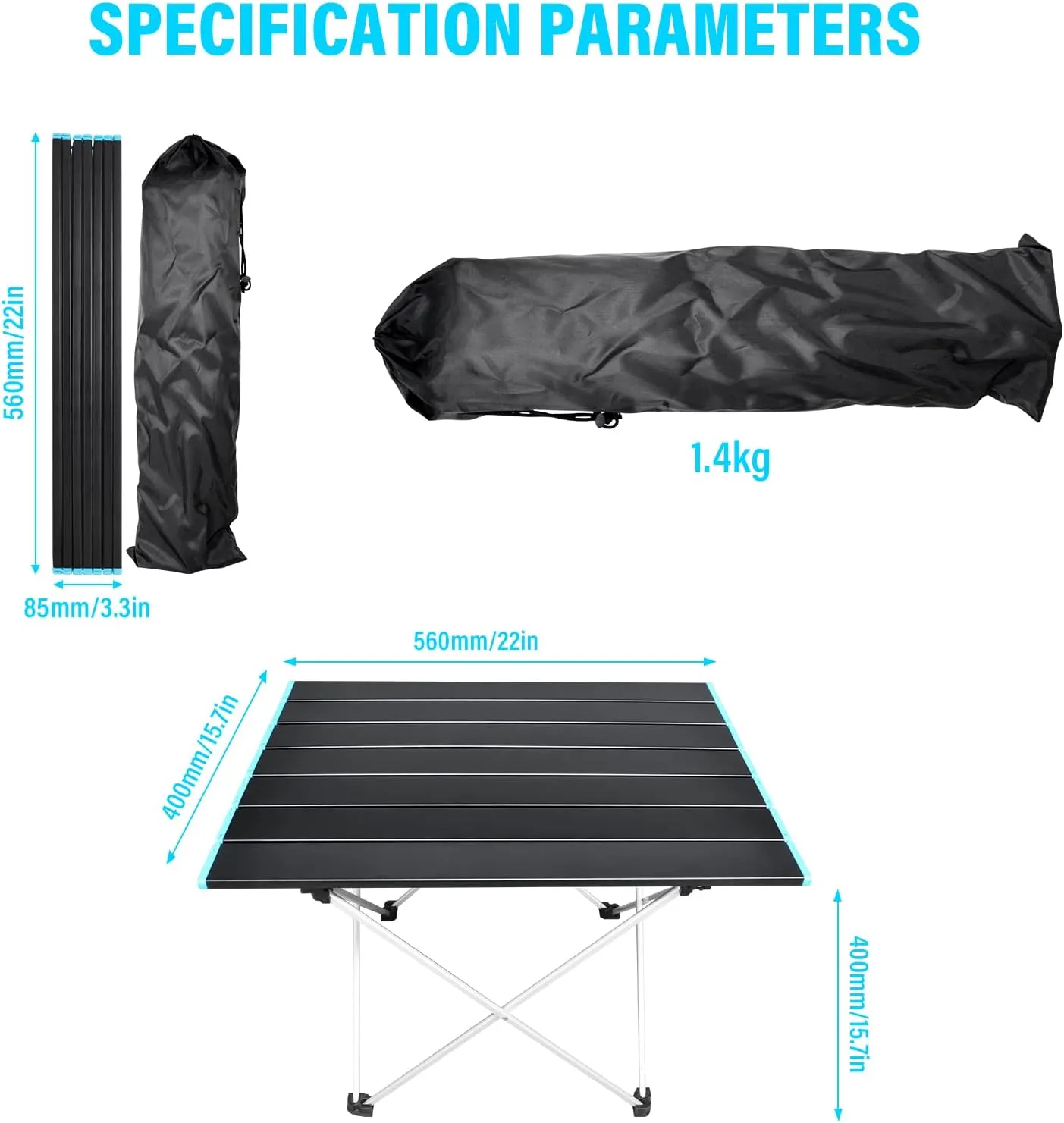 AUXTINGS Portable Camping Table,Folding Side Table Aluminum Top for Outdoor Cooking,Hiking,Travel,Picnic,Surface 22x16 inch