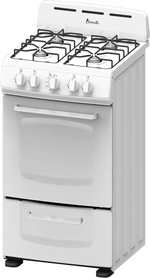 Avanti GRO20P0W Gas Range Oven Compact Freestanding Design, 4 Burners with Electronic Ignition, 2.1 Cu.Ft. Capacity Features Solid Door Storage Drawer Broiler and Accessories, 20-Inch, White