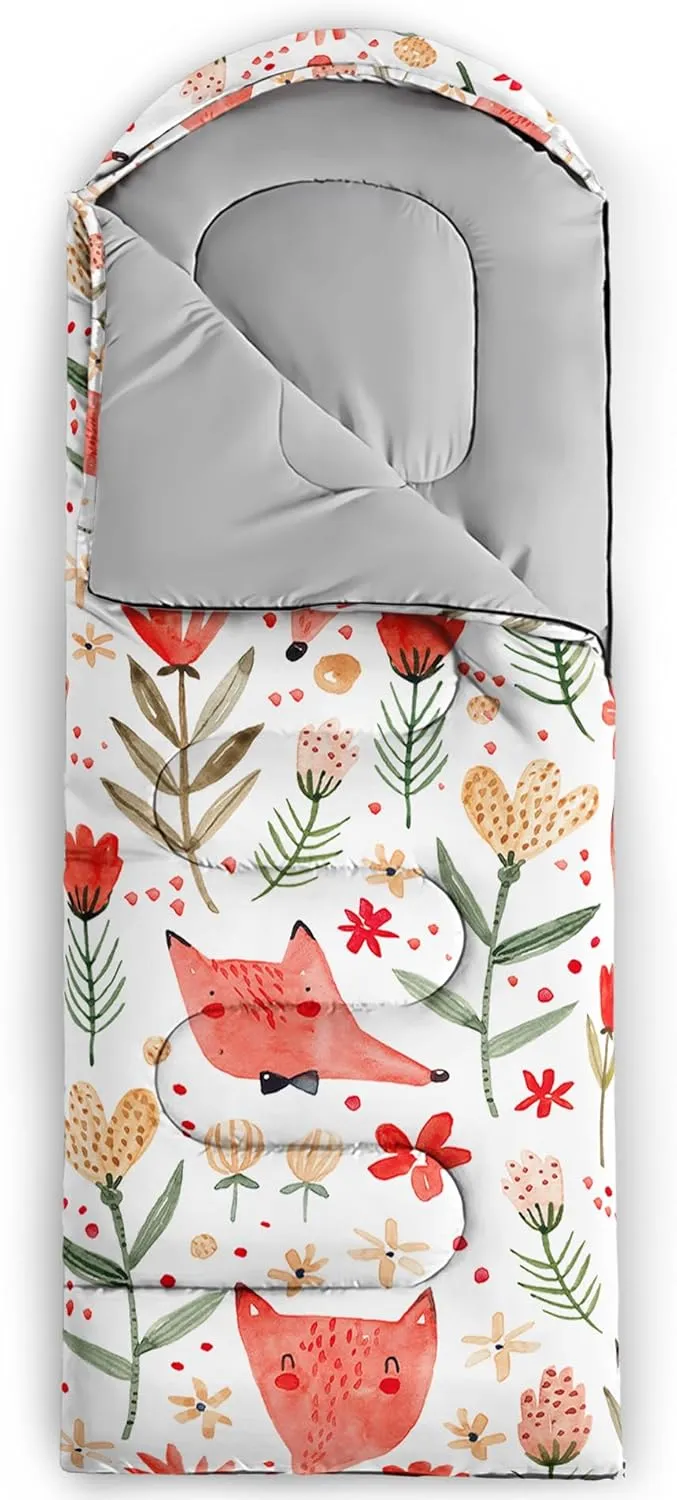 Axolotl Cartoon Fox Sleeping Bag,3 Season Warm and Cool Weather Kawaii Fox Flowers Sleeping Bags for Kids Boys Teens,Waterproof Lightweight Sleeping Bags for Traveling,Outdoors Camping Equipment,Red