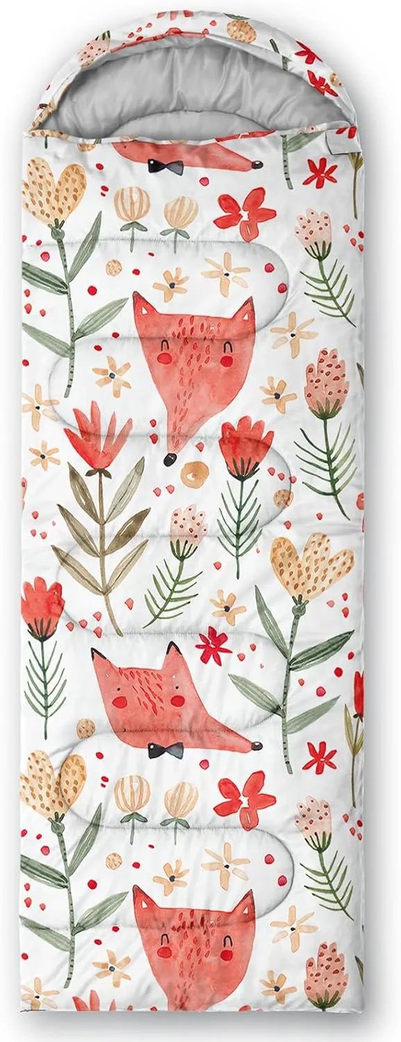 Axolotl Cartoon Fox Sleeping Bag,3 Season Warm and Cool Weather Kawaii Fox Flowers Sleeping Bags for Kids Boys Teens,Waterproof Lightweight Sleeping Bags for Traveling,Outdoors Camping Equipment,Red