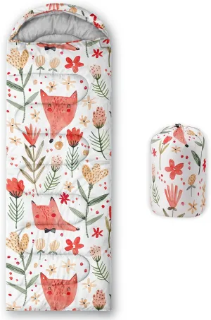 Axolotl Cartoon Fox Sleeping Bag,3 Season Warm and Cool Weather Kawaii Fox Flowers Sleeping Bags for Kids Boys Teens,Waterproof Lightweight Sleeping Bags for Traveling,Outdoors Camping Equipment,Red
