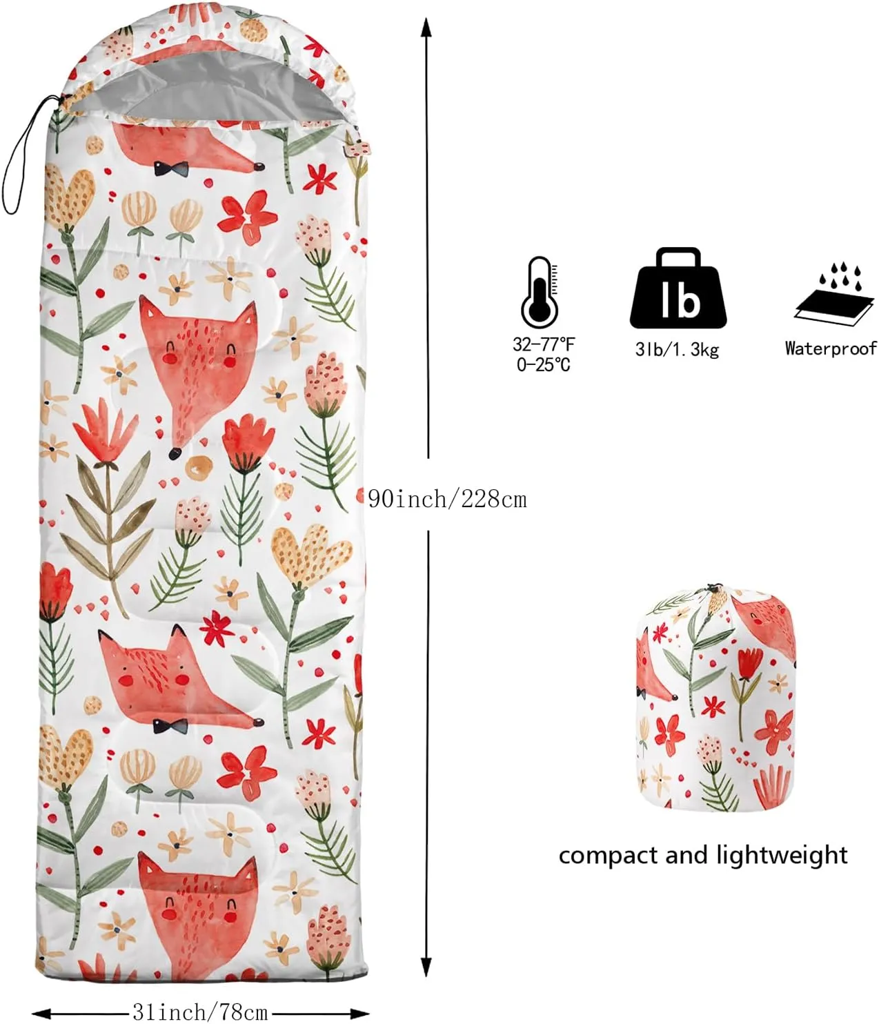 Axolotl Cartoon Fox Sleeping Bag,3 Season Warm and Cool Weather Kawaii Fox Flowers Sleeping Bags for Kids Boys Teens,Waterproof Lightweight Sleeping Bags for Traveling,Outdoors Camping Equipment,Red