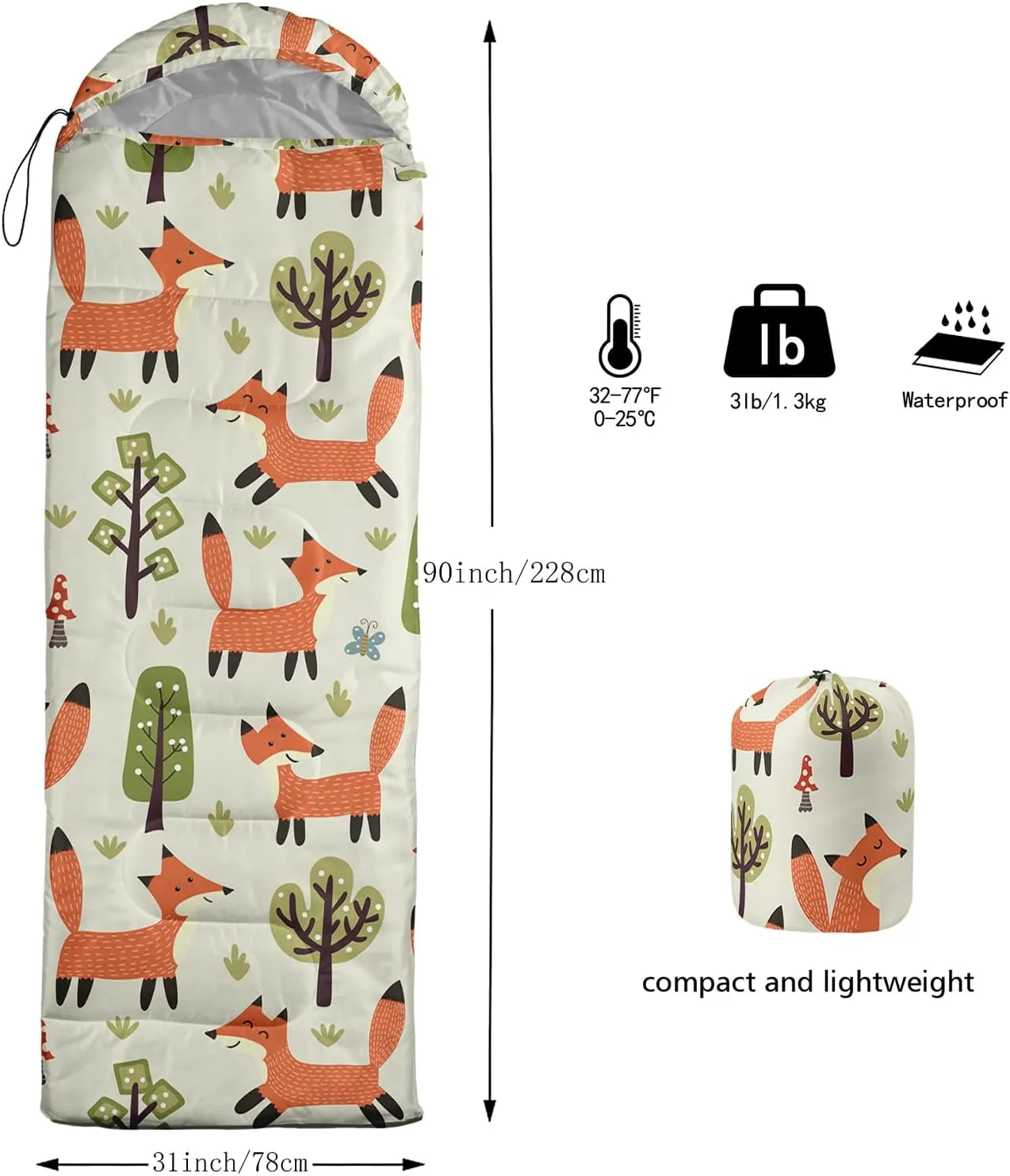 Axolotl Cartoon Fox Sleeping Bag,3 Season Warm and Cool Weather Kawaii Fox Flowers Sleeping Bags for Kids Boys Teens,Waterproof Lightweight Sleeping Bags for Traveling,Outdoors Camping Equipment,Red