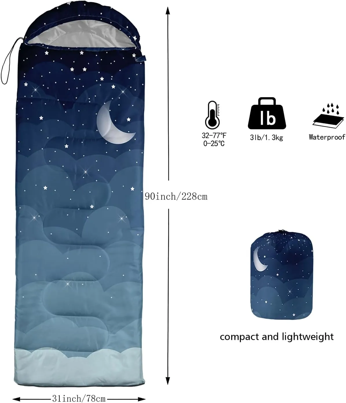 Axolotl Moon and Stars Sleeping Bag for Adults,Black White Waterproof Lightweight Camping Bag,3 Season Warm and Cool Weather Backpacking Bag for Women Men,Traveling and Outdoors Camping Gear Equipment