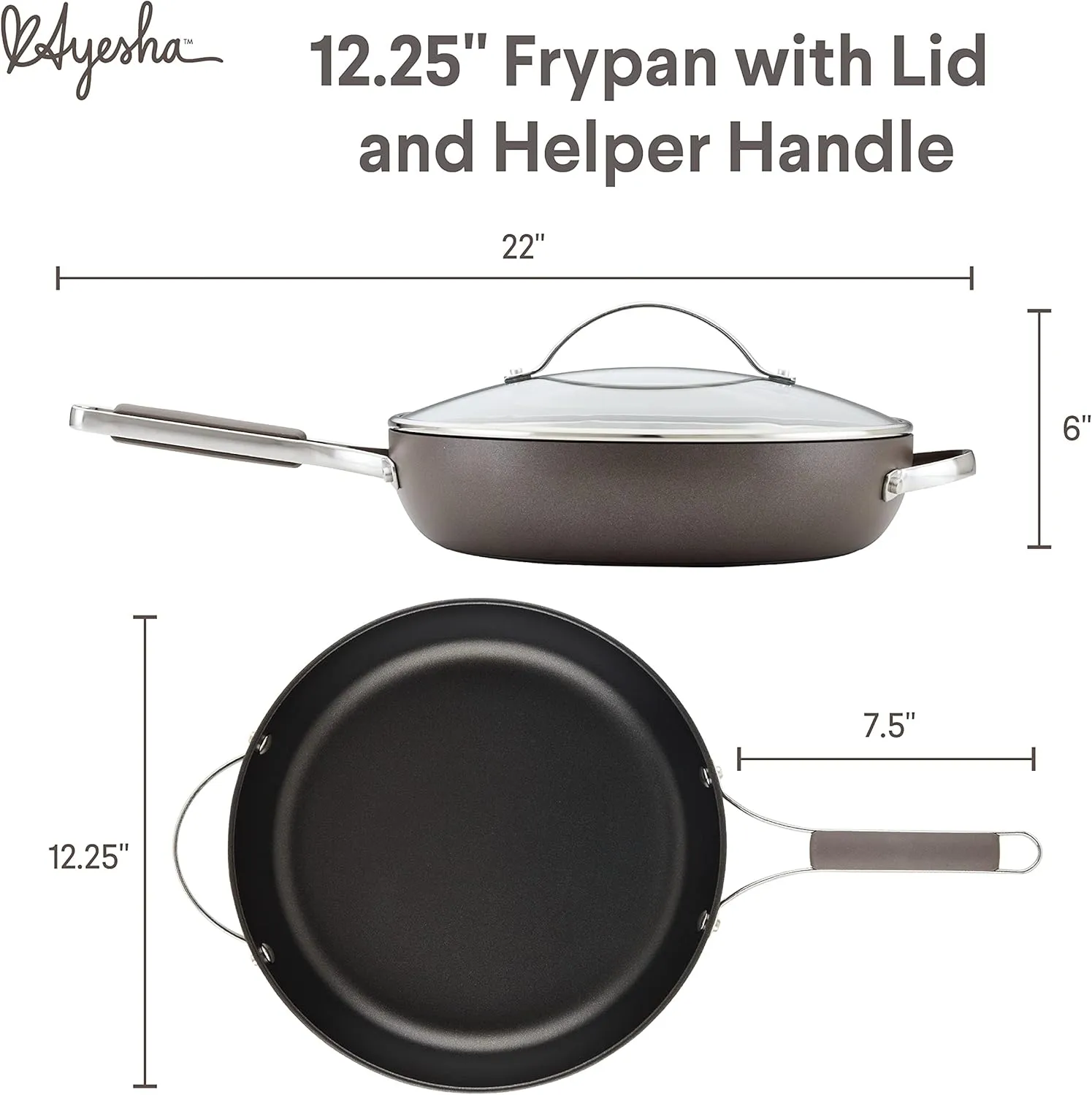 Ayesha Curry Kitchenware 80293 Professional Hard Anodized Nonstick Deep Frying Pan/Skillet with Lid and Helper Handle, 12.25 Inch - Charcoal