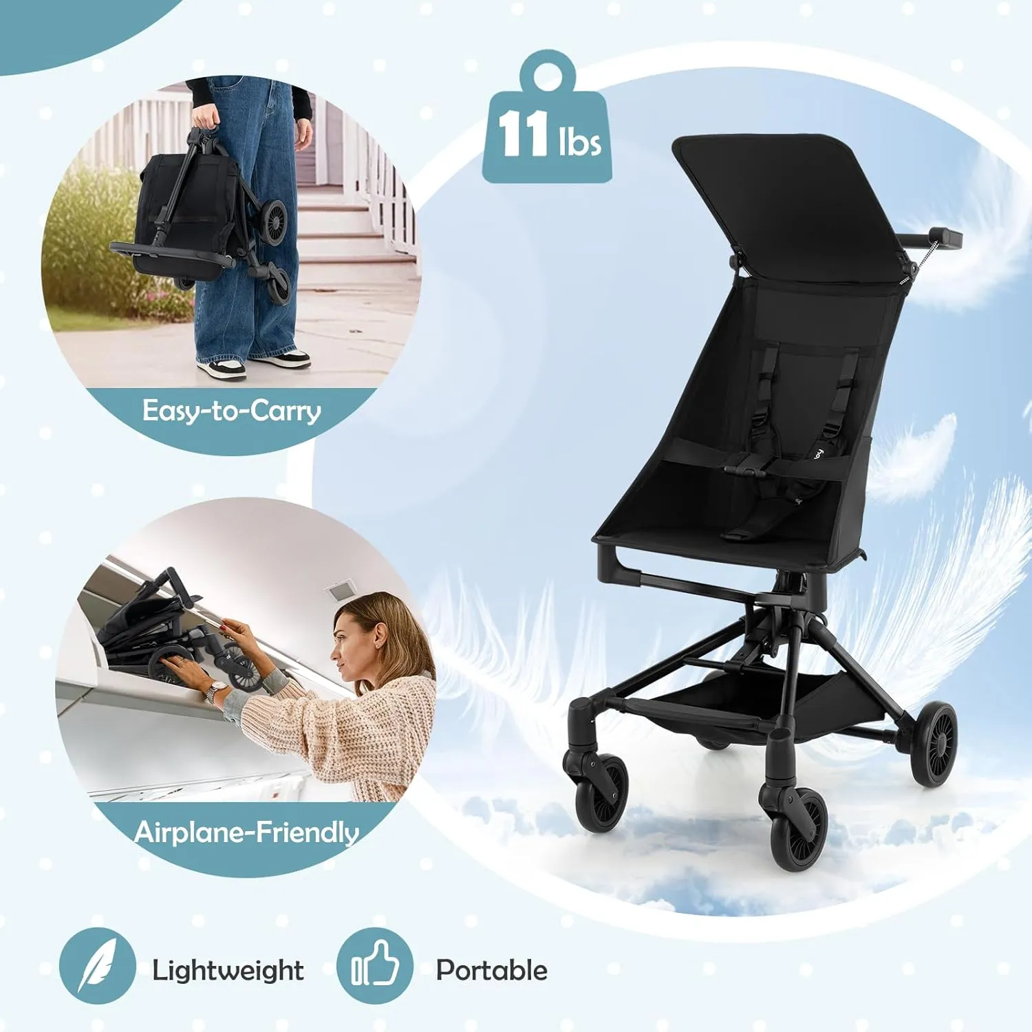 BABY JOY Lightweight Stroller, Compact Travel Stroller for Airplane with Easy One-Hand Fold, Adjustable Canopy, Storage Basket & All-Terrain Wheels for Toddlers 6-36 Months (Black)