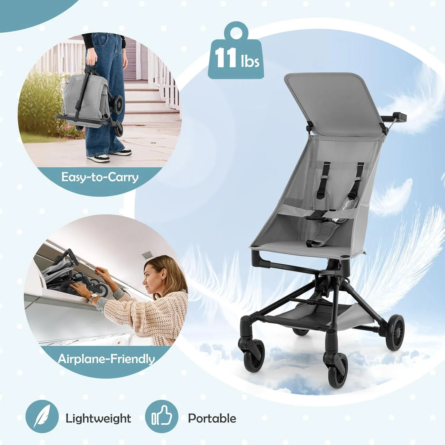 BABY JOY Lightweight Stroller, Compact Travel Stroller for Airplane with Easy One-Hand Fold, Adjustable Canopy, Storage Basket & All-Terrain Wheels for Toddlers 6-36 Months (Gray)