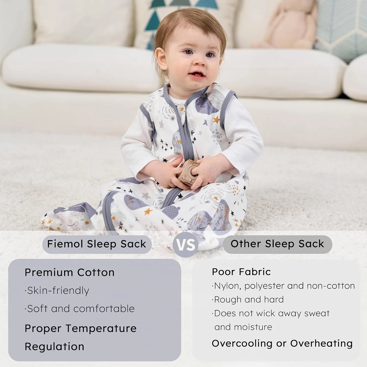 Baby Sleep Sack 0-6 months, 100% Cotton Sleeping Sack for Newborn and Infant, 3 Pack Baby Wearable Blanket for Boy and Girl, 0.5 Tog Lightweight Double Zipper Sleep Bag Grey Moon Bear