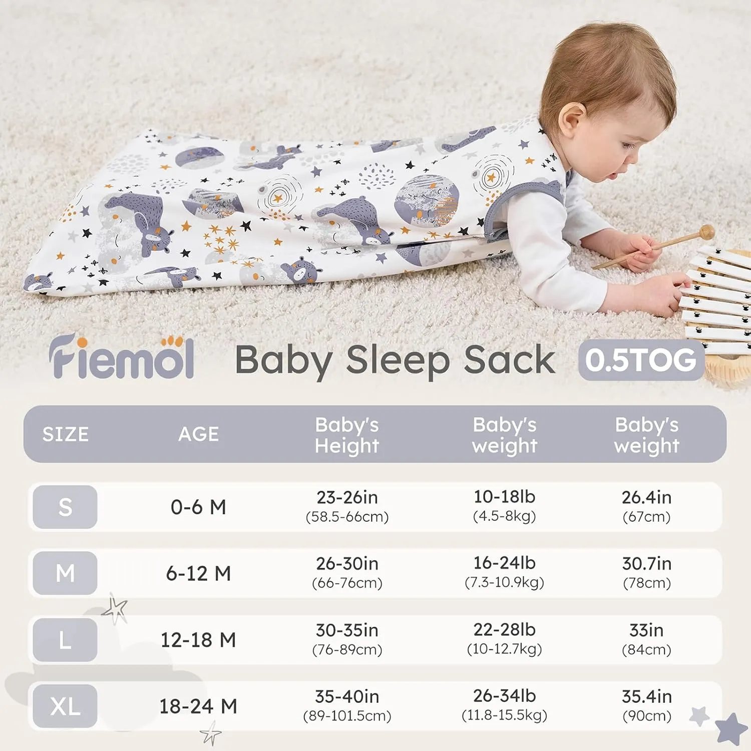 Baby Sleep Sack 0-6 months, 100% Cotton Sleeping Sack for Newborn and Infant, 3 Pack Baby Wearable Blanket for Boy and Girl, 0.5 Tog Lightweight Double Zipper Sleep Bag Grey Moon Bear