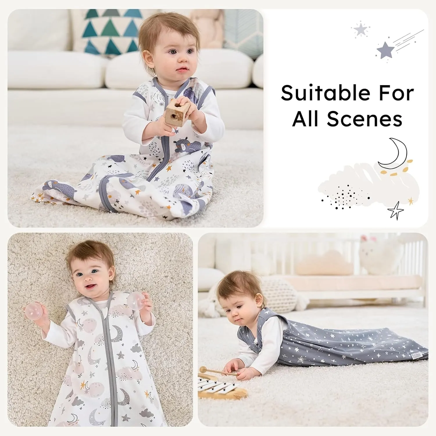 Baby Sleep Sack 0-6 months, 100% Cotton Sleeping Sack for Newborn and Infant, 3 Pack Baby Wearable Blanket for Boy and Girl, 0.5 Tog Lightweight Double Zipper Sleep Bag Grey Moon Bear