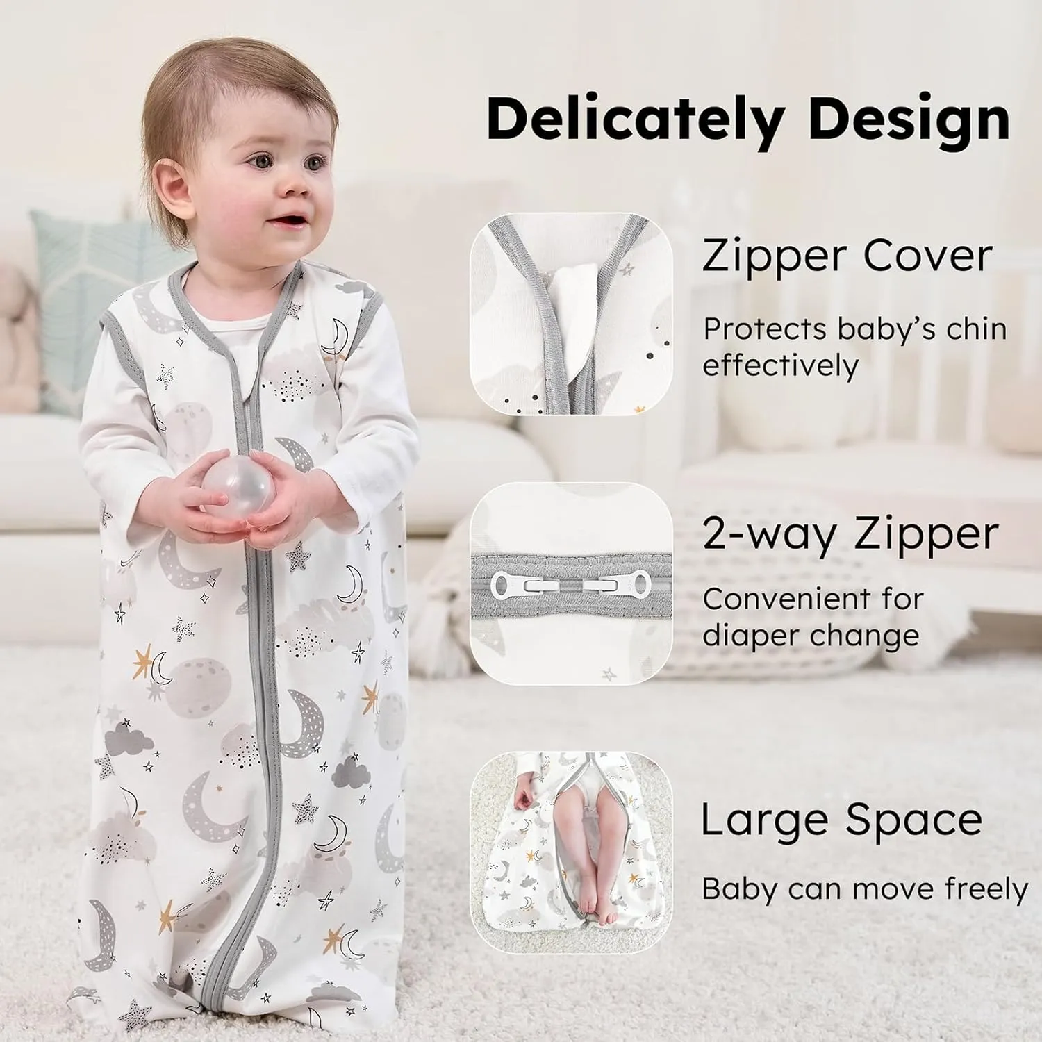 Baby Sleep Sack 0-6 months, 100% Cotton Sleeping Sack for Newborn and Infant, 3 Pack Baby Wearable Blanket for Boy and Girl, 0.5 Tog Lightweight Double Zipper Sleep Bag Grey Moon Bear