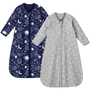 Baby Sleep Sack 18-24 Months 100% Cotton Long Sleeve Wearable Blanket Baby Sleep Bag with 2-Way Zipper 2 Pack 0.5 Tog Sleeping Sack for Newborn Infant Blue Grey Planet