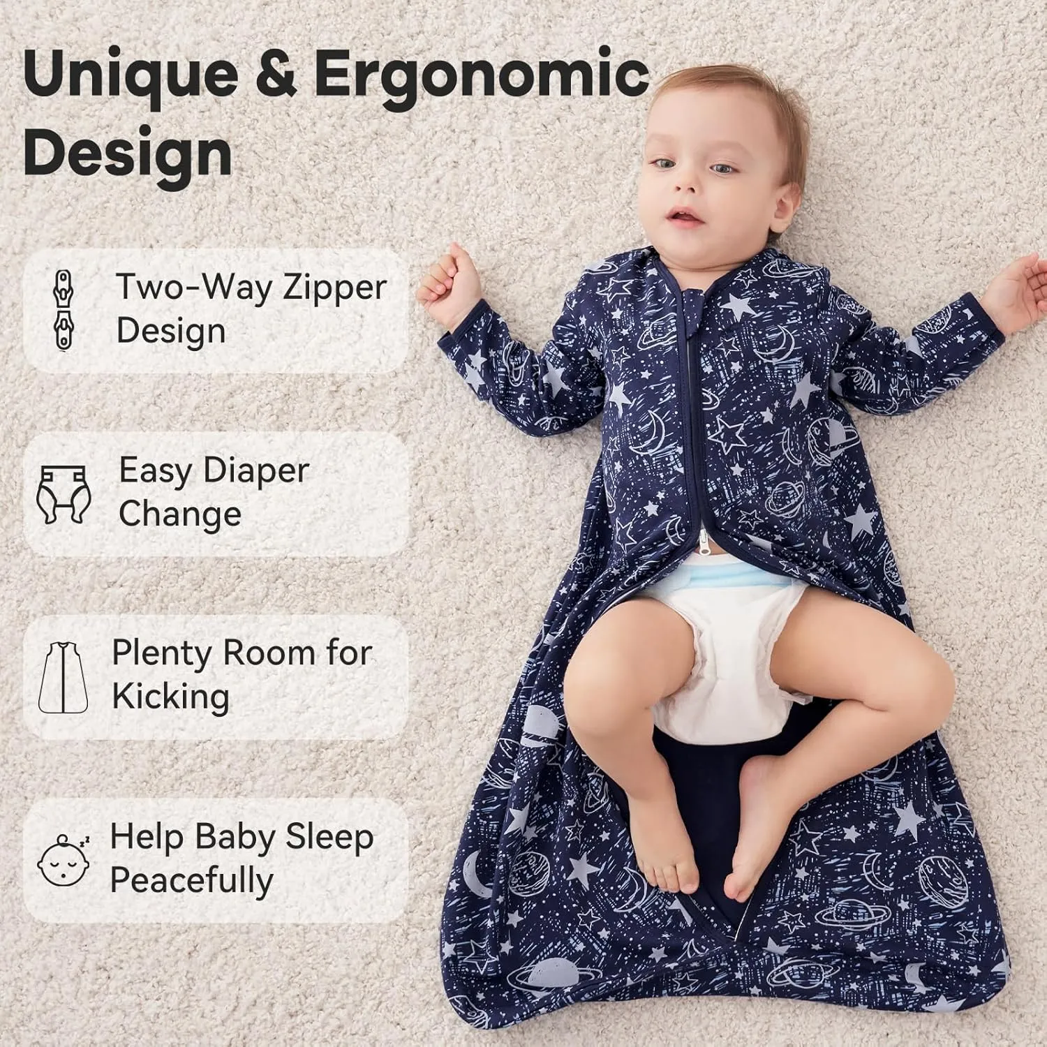 Baby Sleep Sack 18-24 Months 100% Cotton Long Sleeve Wearable Blanket Baby Sleep Bag with 2-Way Zipper 2 Pack 0.5 Tog Sleeping Sack for Newborn Infant Blue Grey Planet