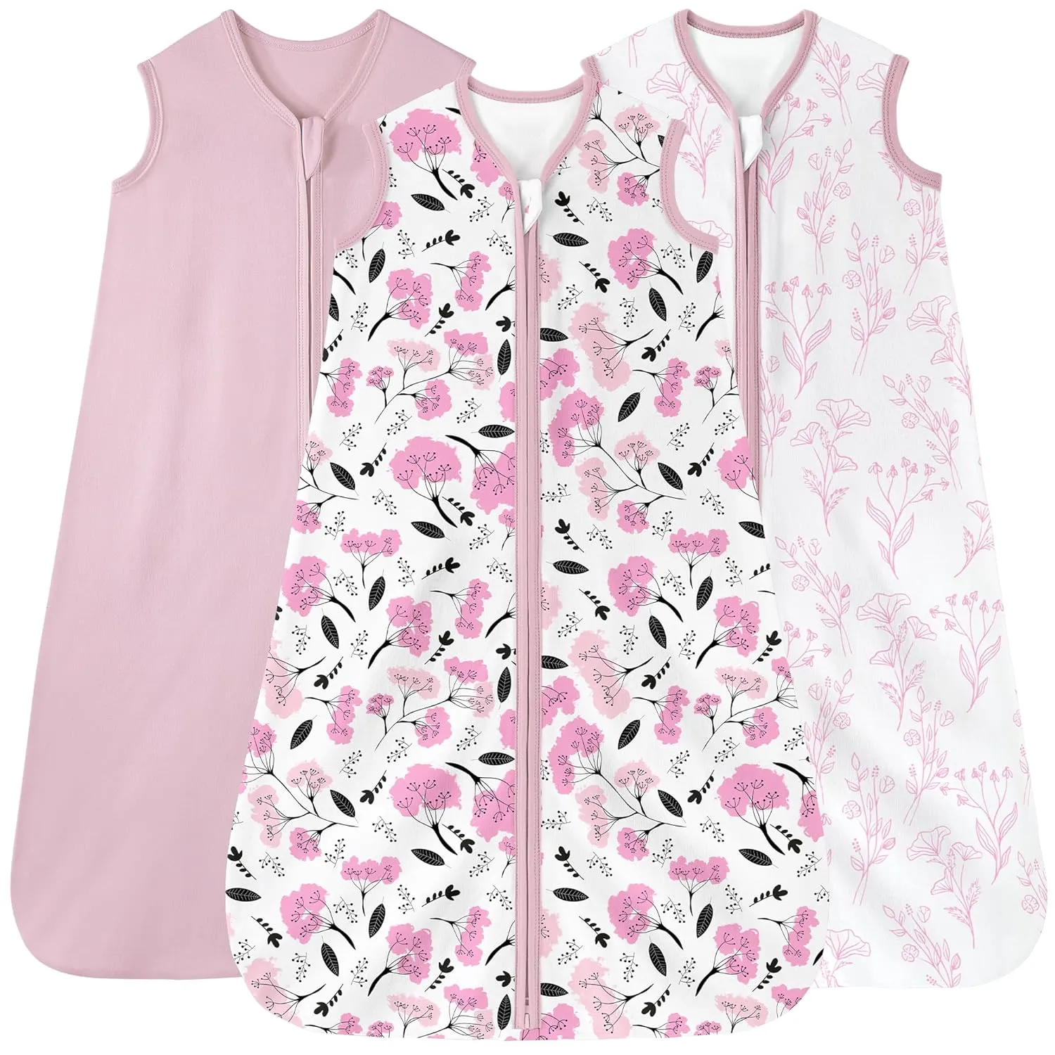 Baby Sleep Sack 6-12 months, 100% Cotton Sleeping Sack for Newborn and Infant, 3 Pack Baby Wearable Blanket, 0.5 Tog Lightweight Double Zipper Sleep Bag Pink Flower