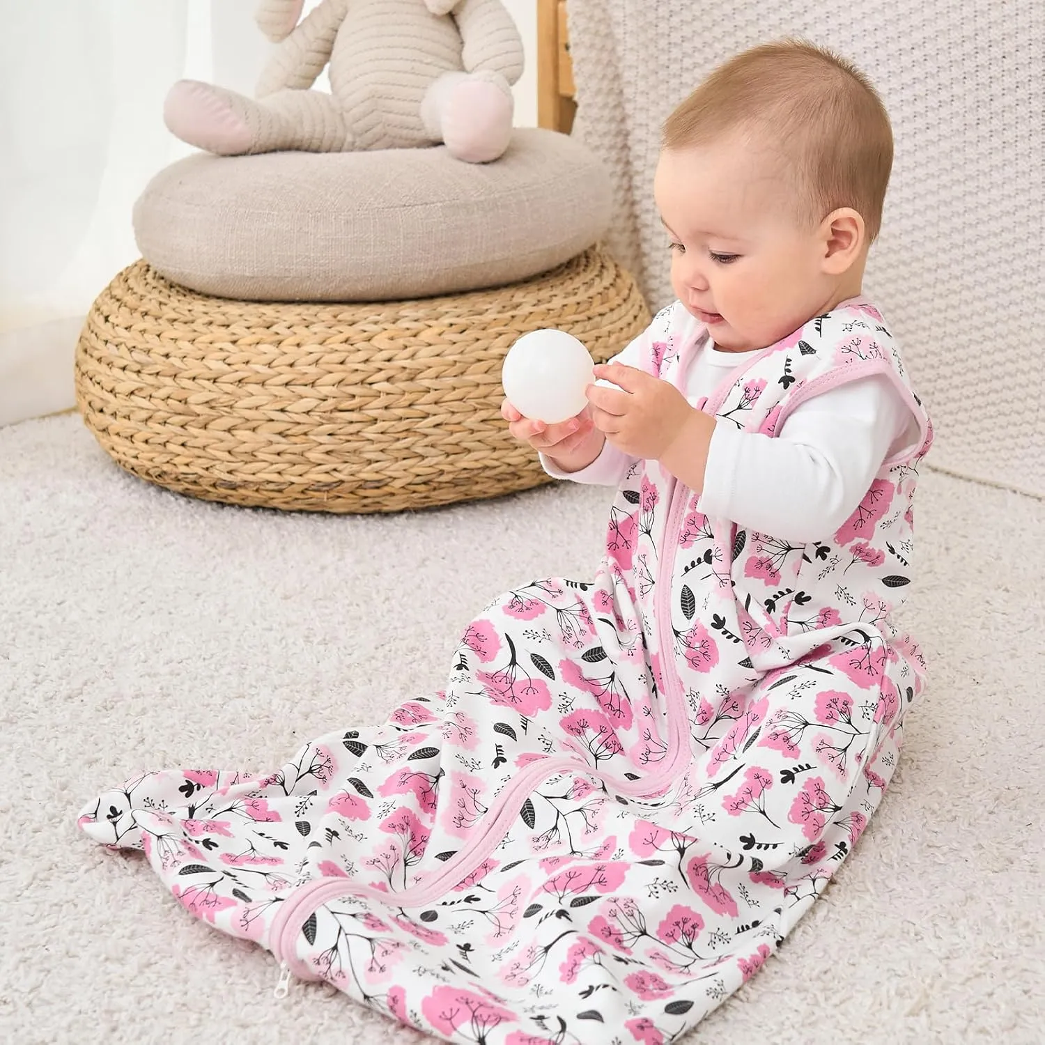 Baby Sleep Sack 6-12 months, 100% Cotton Sleeping Sack for Newborn and Infant, 3 Pack Baby Wearable Blanket, 0.5 Tog Lightweight Double Zipper Sleep Bag Pink Flower