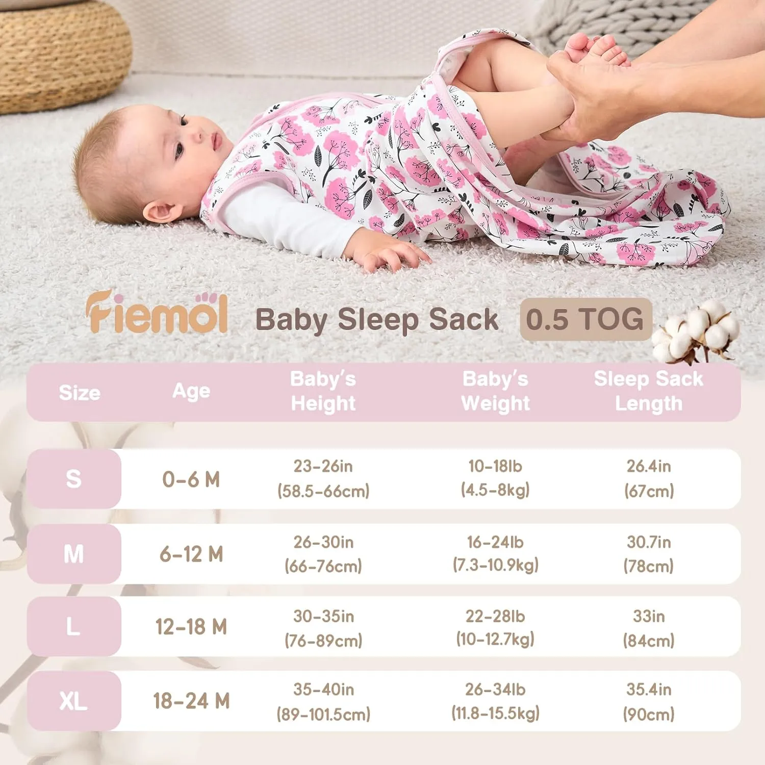 Baby Sleep Sack 6-12 months, 100% Cotton Sleeping Sack for Newborn and Infant, 3 Pack Baby Wearable Blanket, 0.5 Tog Lightweight Double Zipper Sleep Bag Pink Flower