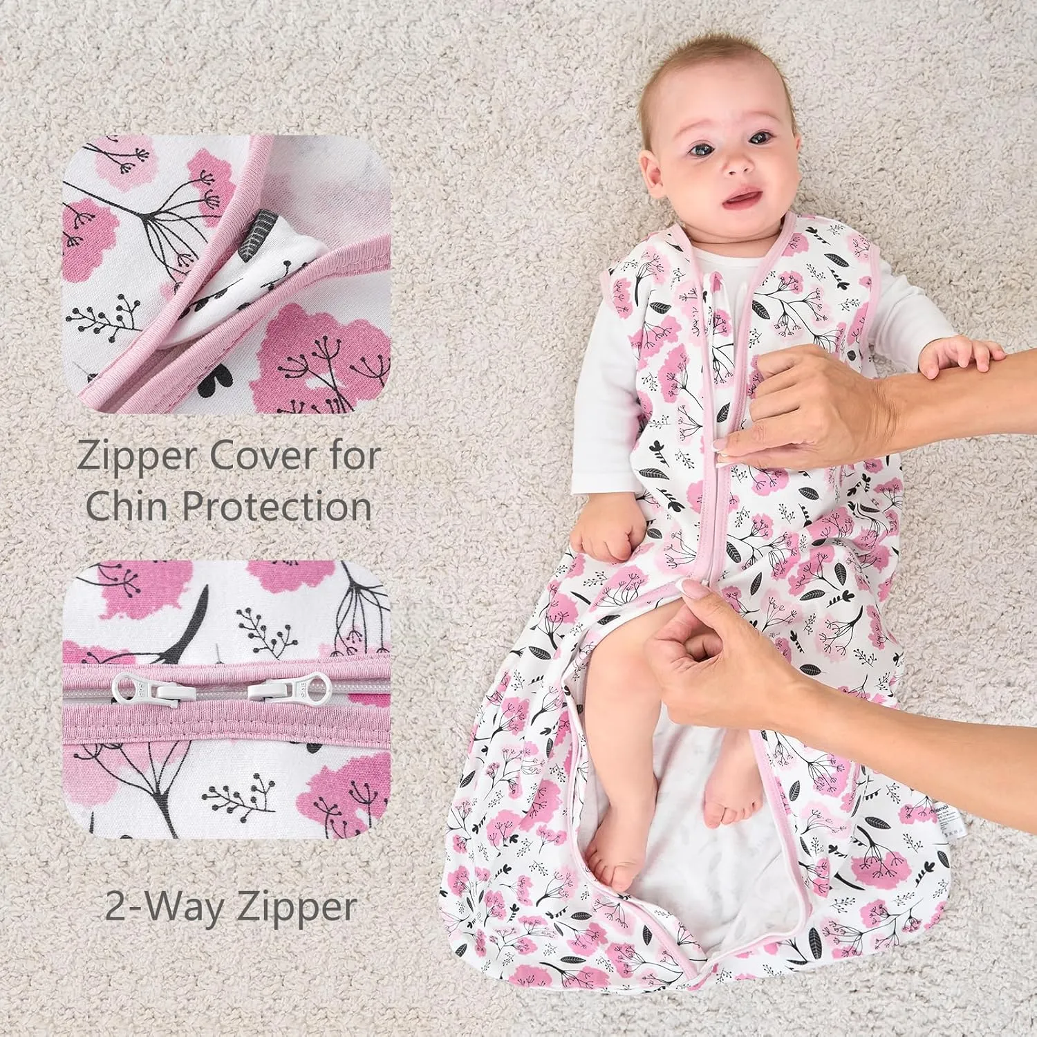 Baby Sleep Sack 6-12 months, 100% Cotton Sleeping Sack for Newborn and Infant, 3 Pack Baby Wearable Blanket, 0.5 Tog Lightweight Double Zipper Sleep Bag Pink Flower