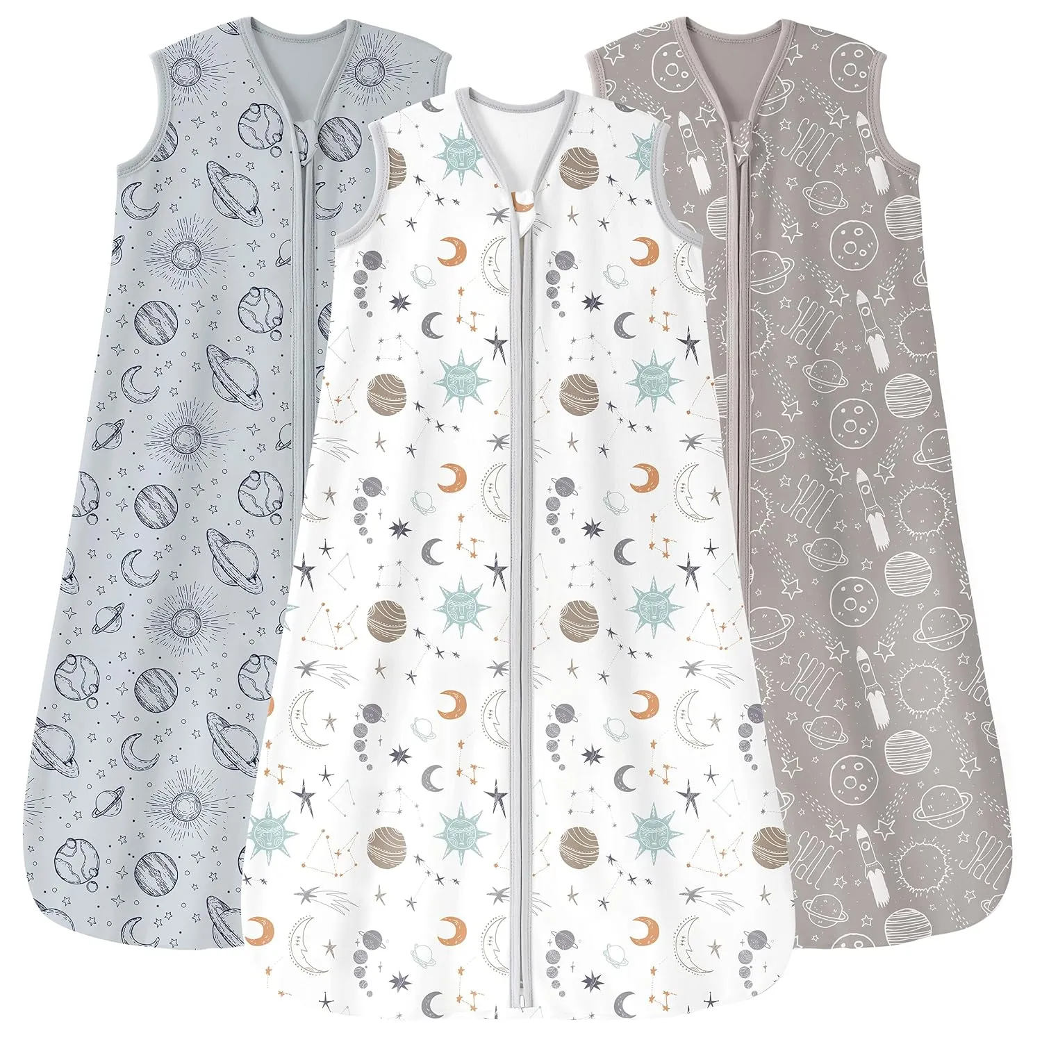 Baby Sleep Sack 6-12 Months 3 Pack 100% Cotton Lightweight 0.5 TOG Wearable Blanket Baby Sleep Bag with 2-Way Zipper for Newborn Infant White Gray Blue Space