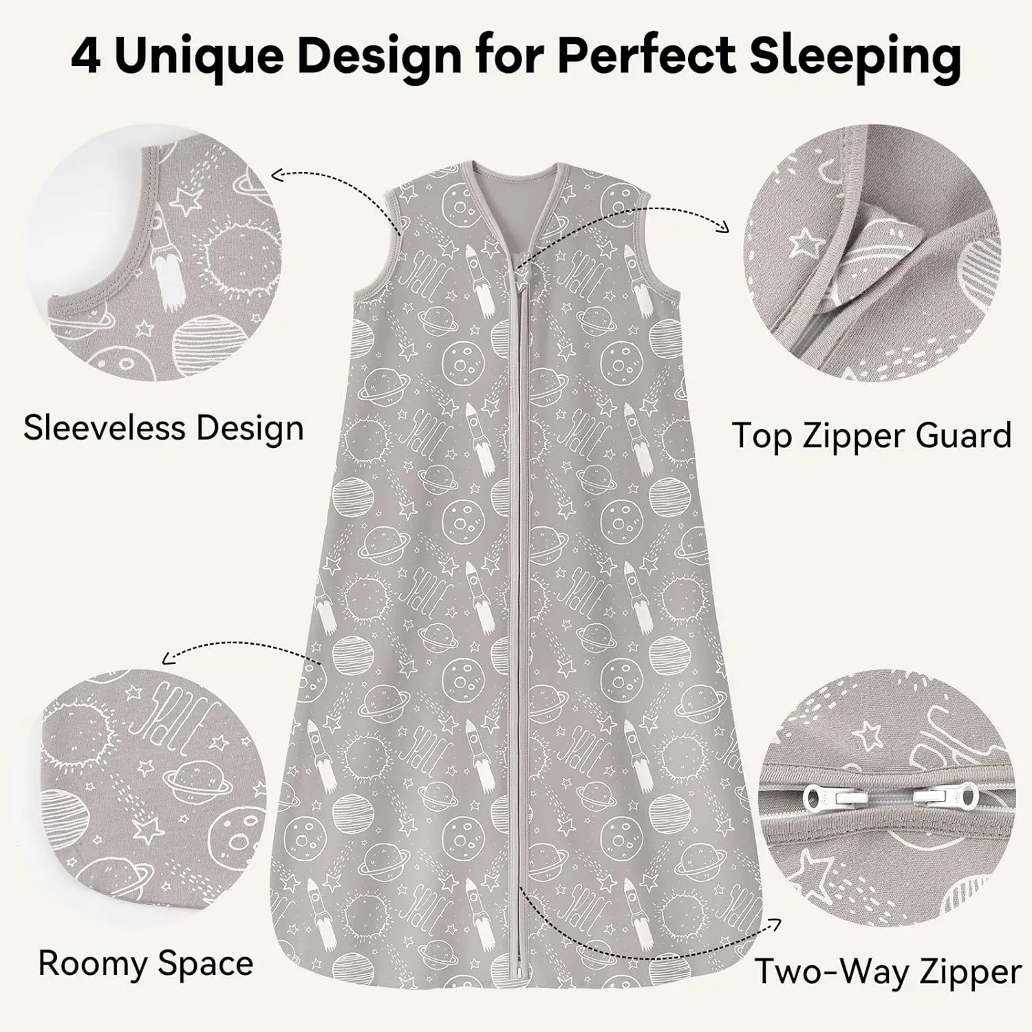Baby Sleep Sack 6-12 Months 3 Pack 100% Cotton Lightweight 0.5 TOG Wearable Blanket Baby Sleep Bag with 2-Way Zipper for Newborn Infant White Gray Blue Space