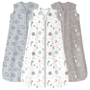 Baby Sleep Sack 6-12 Months 3 Pack 100% Cotton Lightweight 0.5 TOG Wearable Blanket Baby Sleep Bag with 2-Way Zipper for Newborn Infant White Gray Blue Space