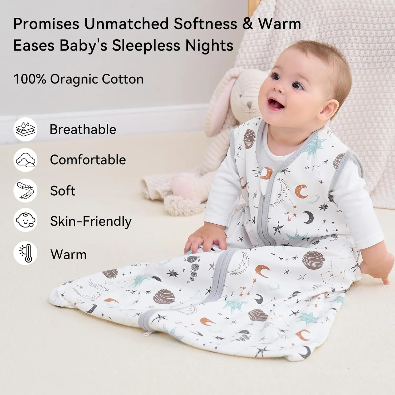 Baby Sleep Sack 6-12 Months 3 Pack 100% Cotton Lightweight 0.5 TOG Wearable Blanket Baby Sleep Bag with 2-Way Zipper for Newborn Infant White Gray Blue Space