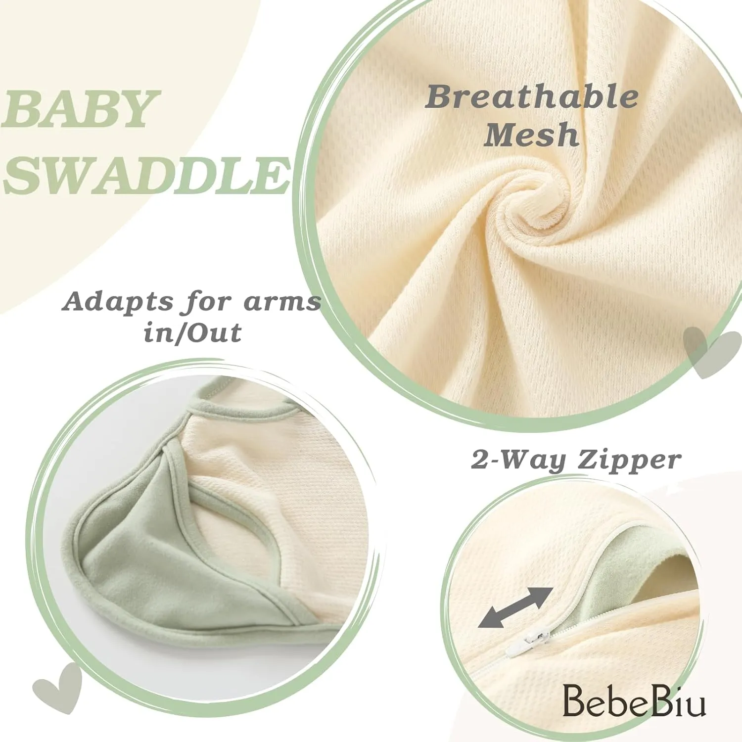 Baby Swaddle Sleeping Bag, 0.5 TOG, 2-Way Zipper, Breathable Mesh, Arms in/Out Design, 2-Pack