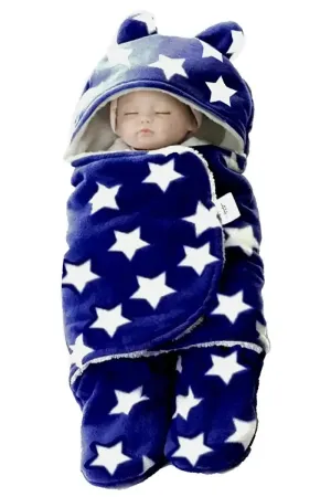 Baby Zone Coral Fleece Printed Hooded Baby Blanket (royal Blue)