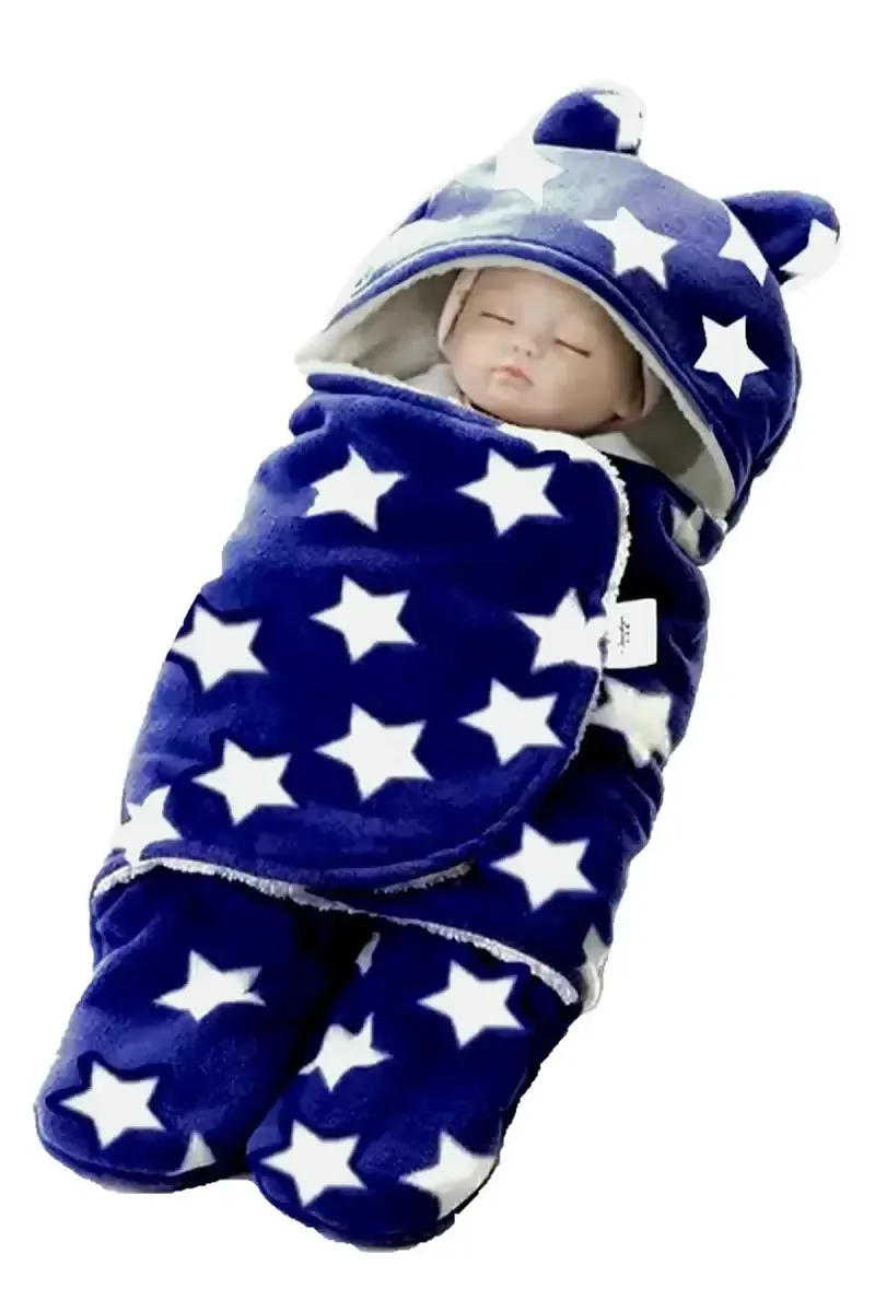 Baby Zone Coral Fleece Printed Hooded Baby Blanket (royal Blue)