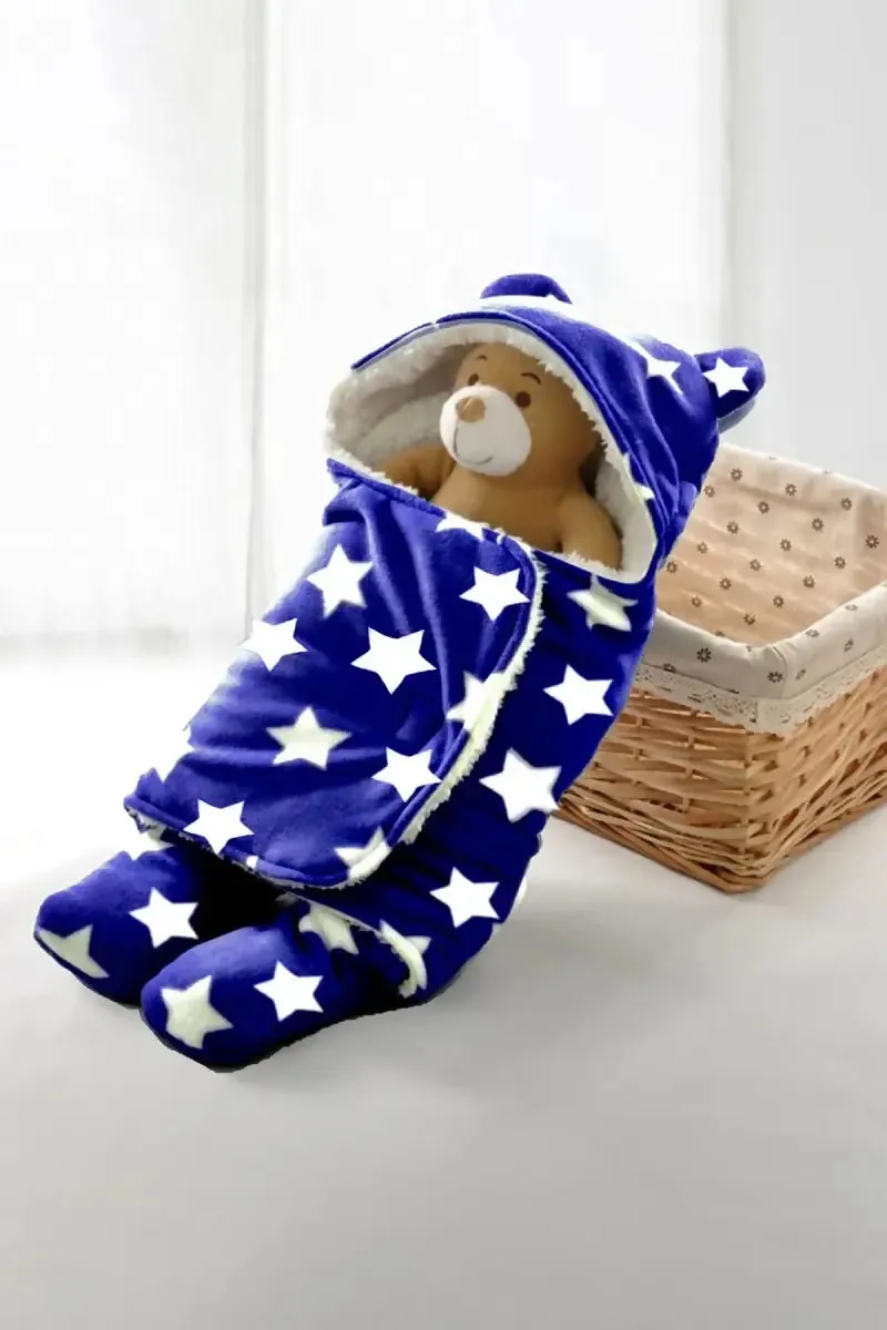 Baby Zone Coral Fleece Printed Hooded Baby Blanket (royal Blue)