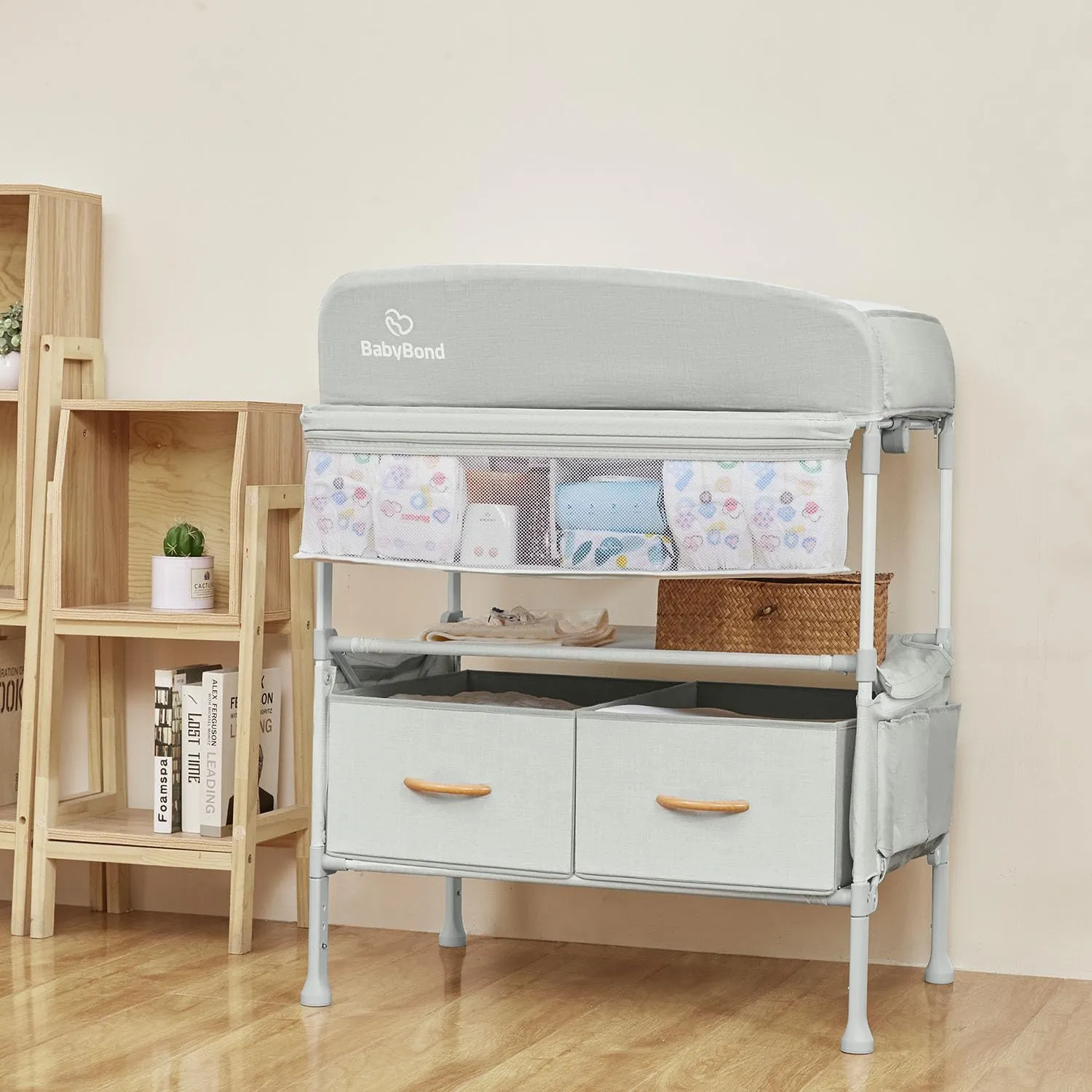 BabyBond Portable Baby Changing Table with 2 Storage Baskets, Foldable Changing Table Dresser Waterproof Diaper Changing Table Height Adjustable Changing Station for Infant and Newborn(Beige)