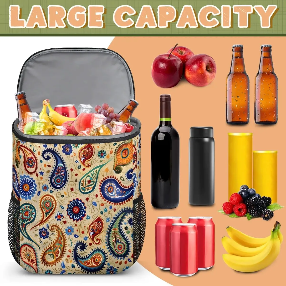 Backpack Cooler Boho Paisley Pattern Cooler Backpack Insulated Leak Proof Soft Cooler Bag for Men Women Lunch Backpack for Camping Picnic Hiking Beach Travel