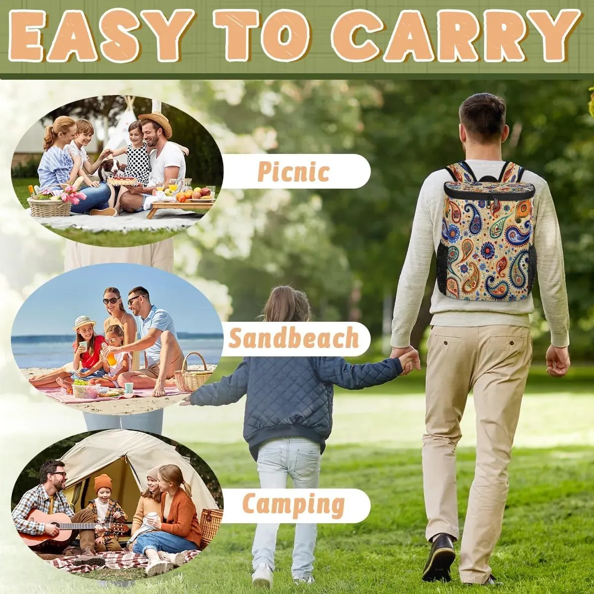 Backpack Cooler Boho Paisley Pattern Cooler Backpack Insulated Leak Proof Soft Cooler Bag for Men Women Lunch Backpack for Camping Picnic Hiking Beach Travel