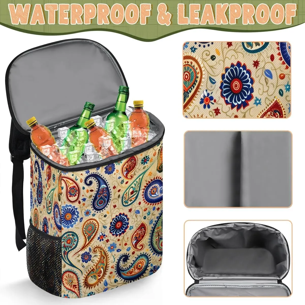 Backpack Cooler Boho Paisley Pattern Cooler Backpack Insulated Leak Proof Soft Cooler Bag for Men Women Lunch Backpack for Camping Picnic Hiking Beach Travel