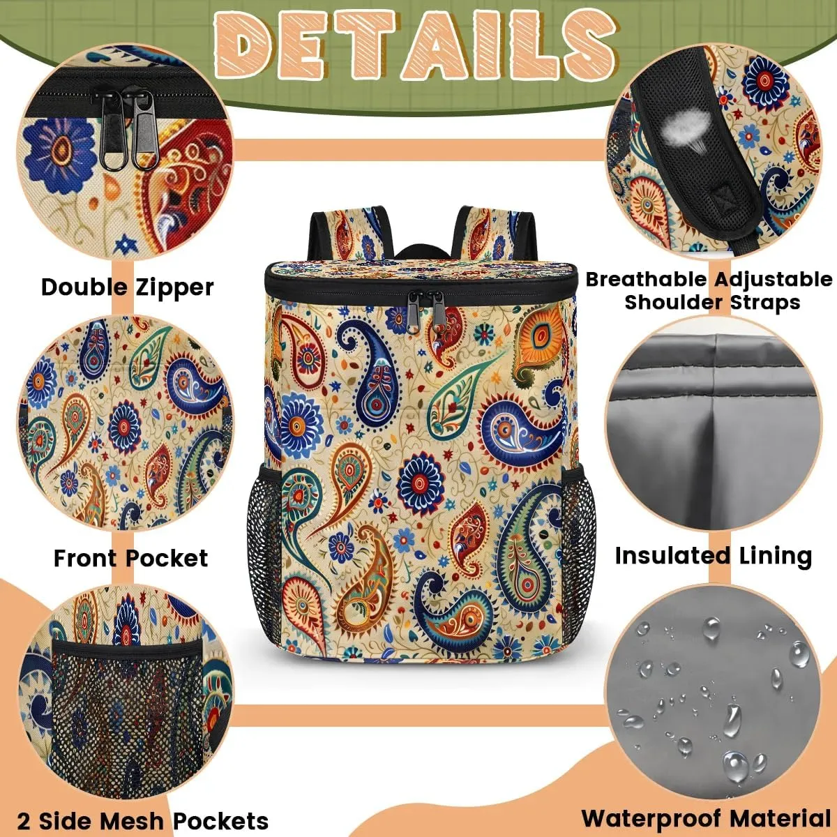 Backpack Cooler Boho Paisley Pattern Cooler Backpack Insulated Leak Proof Soft Cooler Bag for Men Women Lunch Backpack for Camping Picnic Hiking Beach Travel