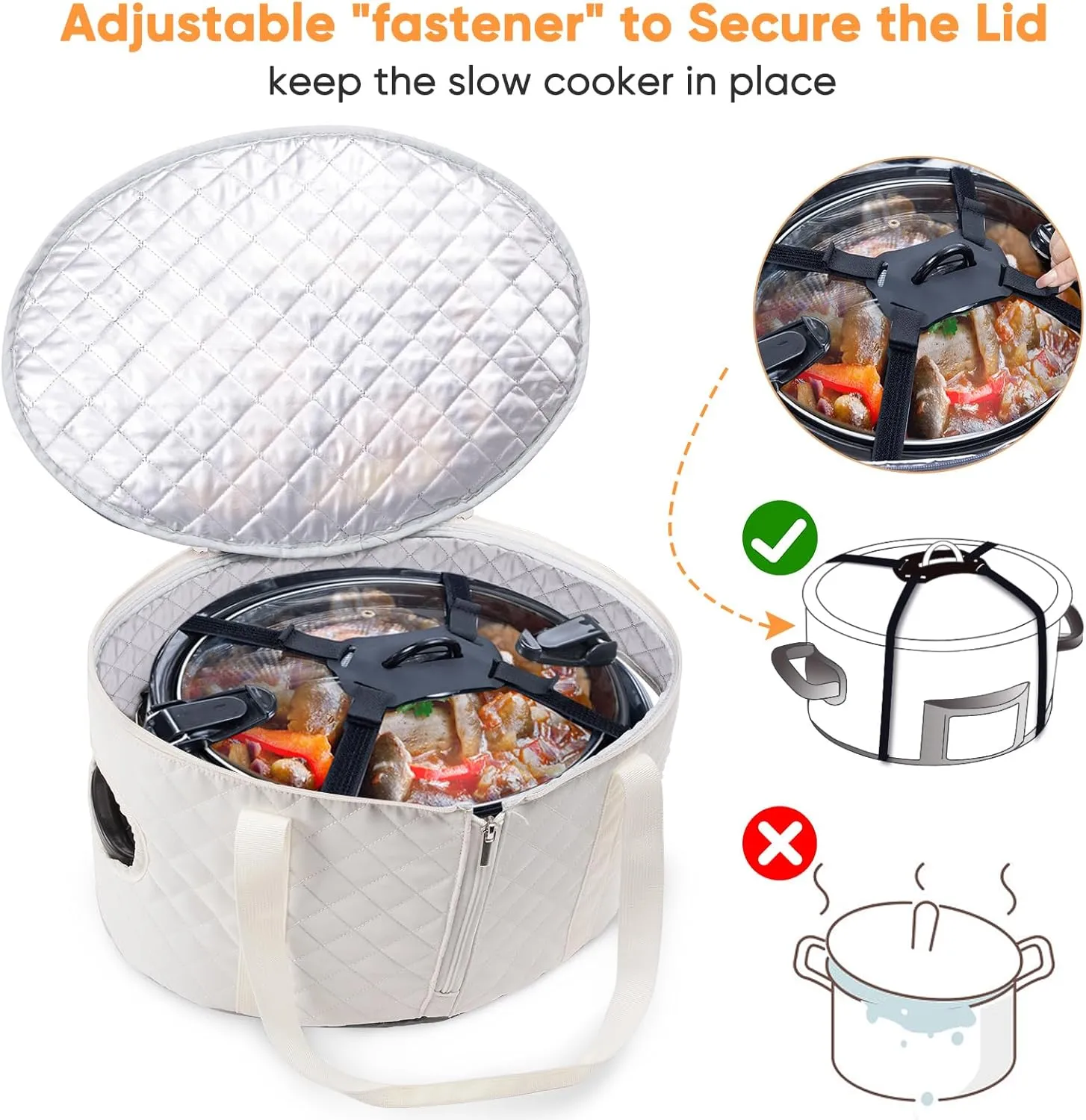 BAGSPRITE Slow Cooker Carrying Case Compatible with 6-8 Quart Crockpot Carrier for Hot Food and Hamlton Beach Slow Cooker Tote with Lid Fastener for Crock-pot Dust Cover Applicances