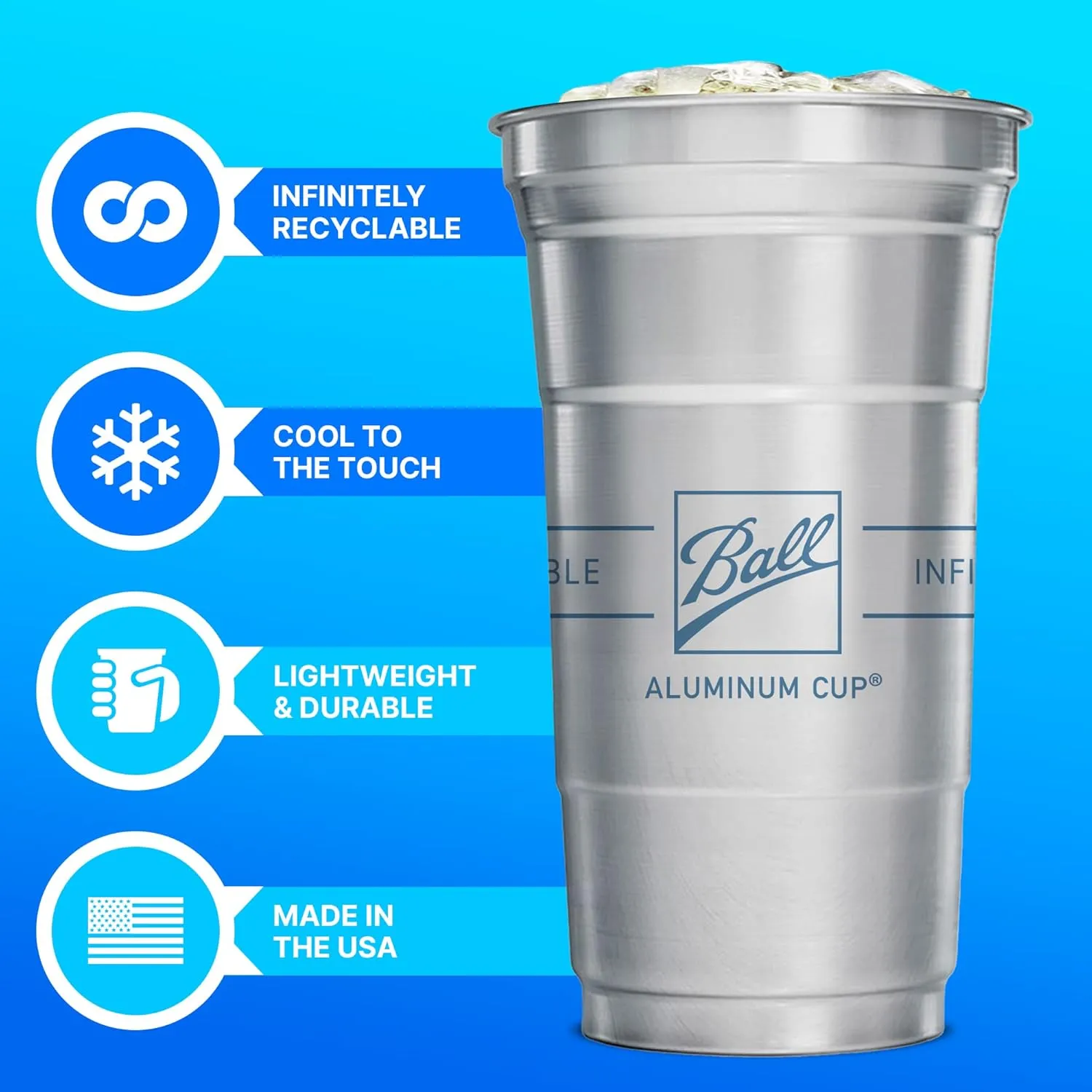 Ball Aluminum Cup Recyclable Party Cups, Ball Logo, 12 oz. Cup, 50 Cups Per Pack