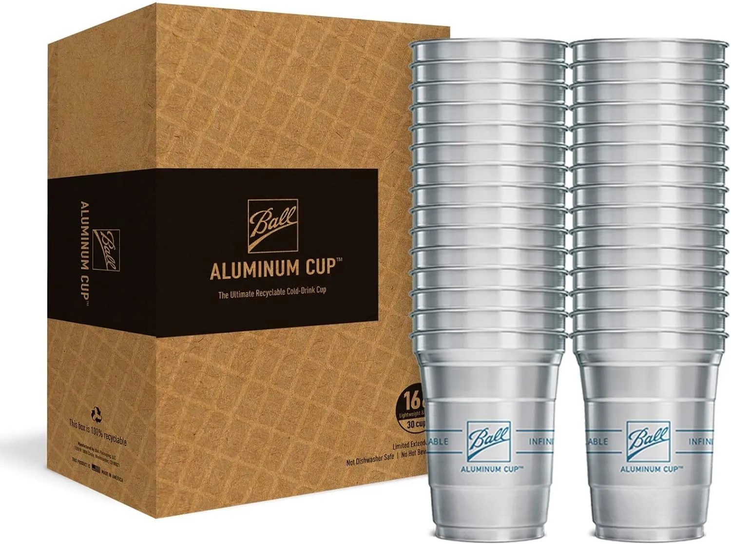 Ball Aluminum Cup Recyclable Party Cups, Ball Logo, 16 oz. Cup, 30 Cups Per Pack