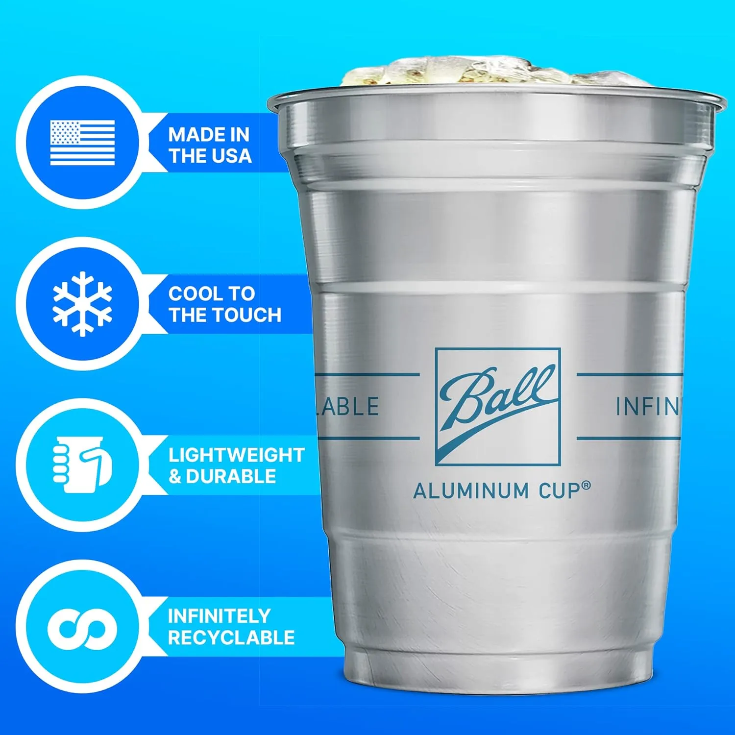 Ball Aluminum Cup Recyclable Party Cups, Ball Logo, 16 oz. Cup, 30 Cups Per Pack