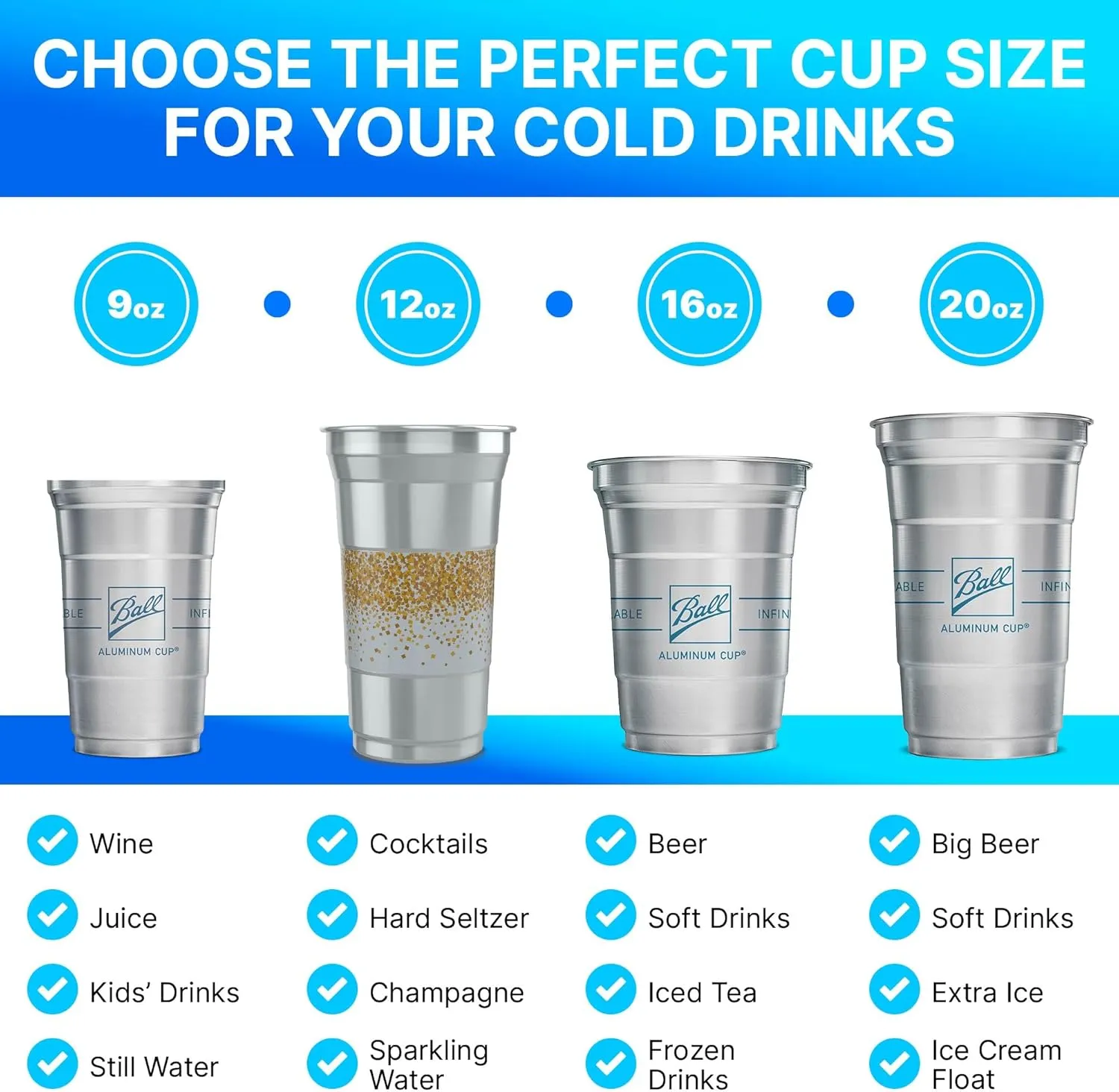 Ball Aluminum Cup Recyclable Party Cups, Celebration Cups,12oz. Cup, 50 Cups Per Pack