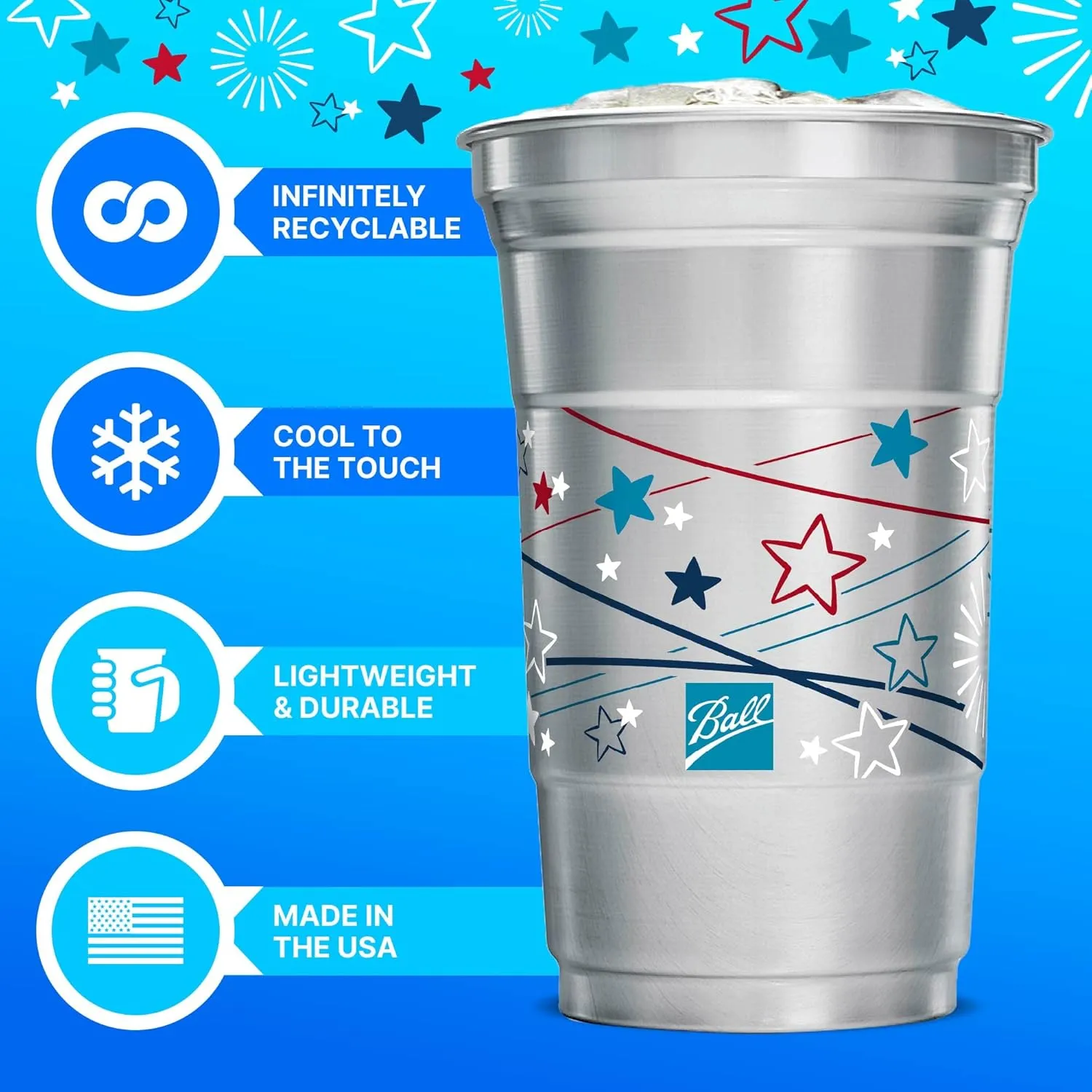 Ball Aluminum Cup Recyclable Party Cups, Patriotic Cup Design, 20oz. Cup, 30 Cups Per Pack