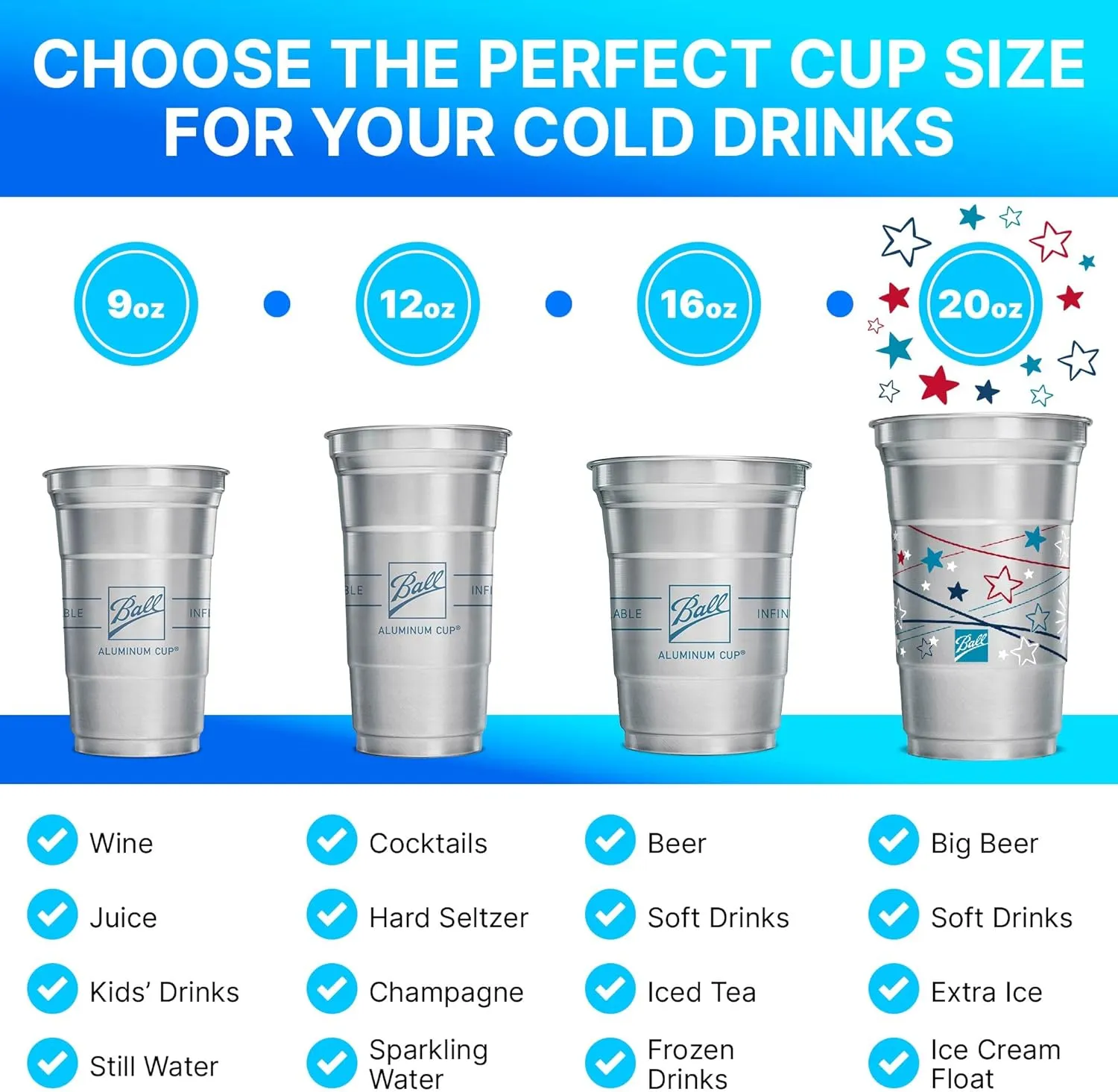 Ball Aluminum Cup Recyclable Party Cups, Patriotic Cup Design, 20oz. Cup, 30 Cups Per Pack